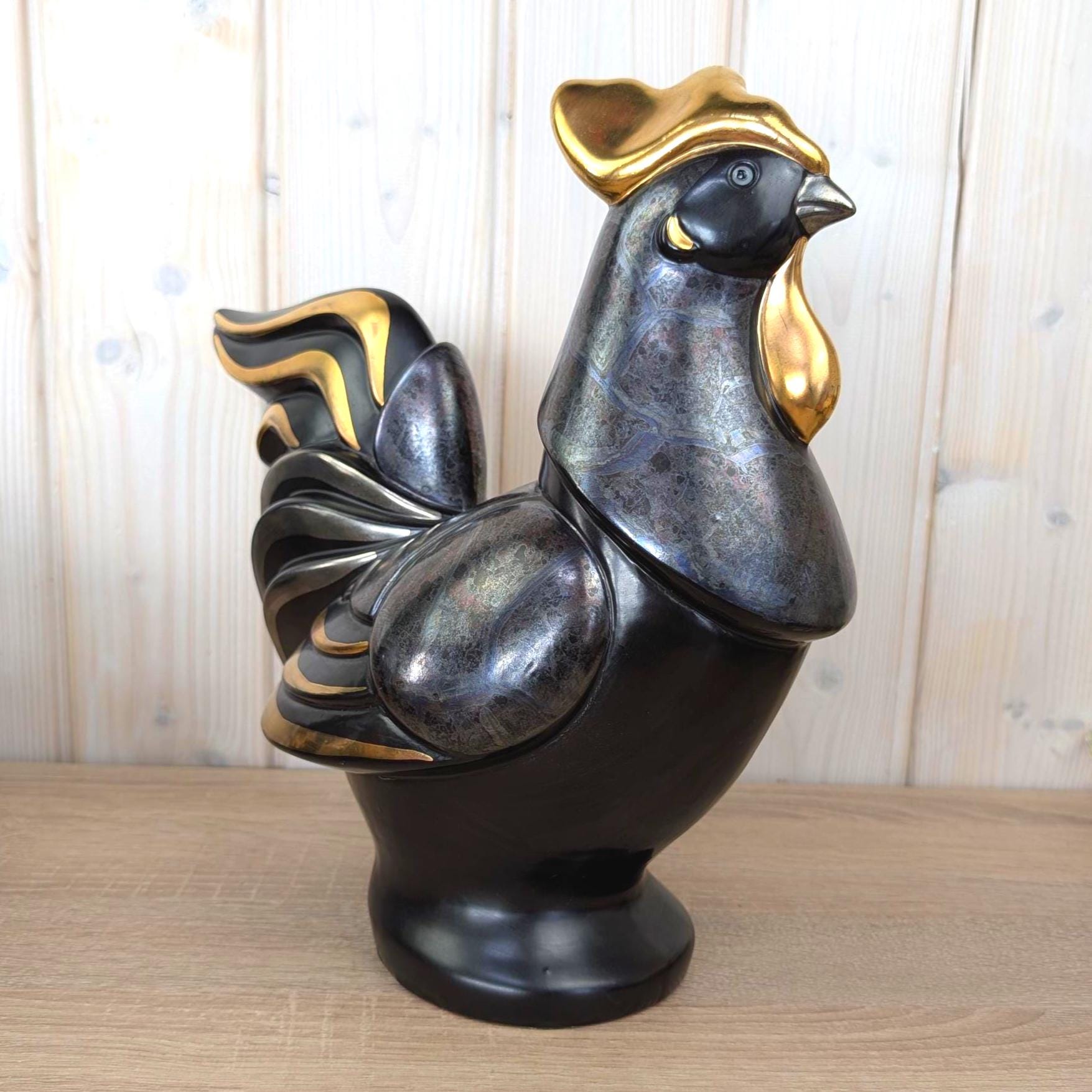 Gilde Handwerk Rooster Figurine Black Gold, Large Ceramic Cockerel Statue, Art Deco Home Decor, German Decorative Figure, 1980s