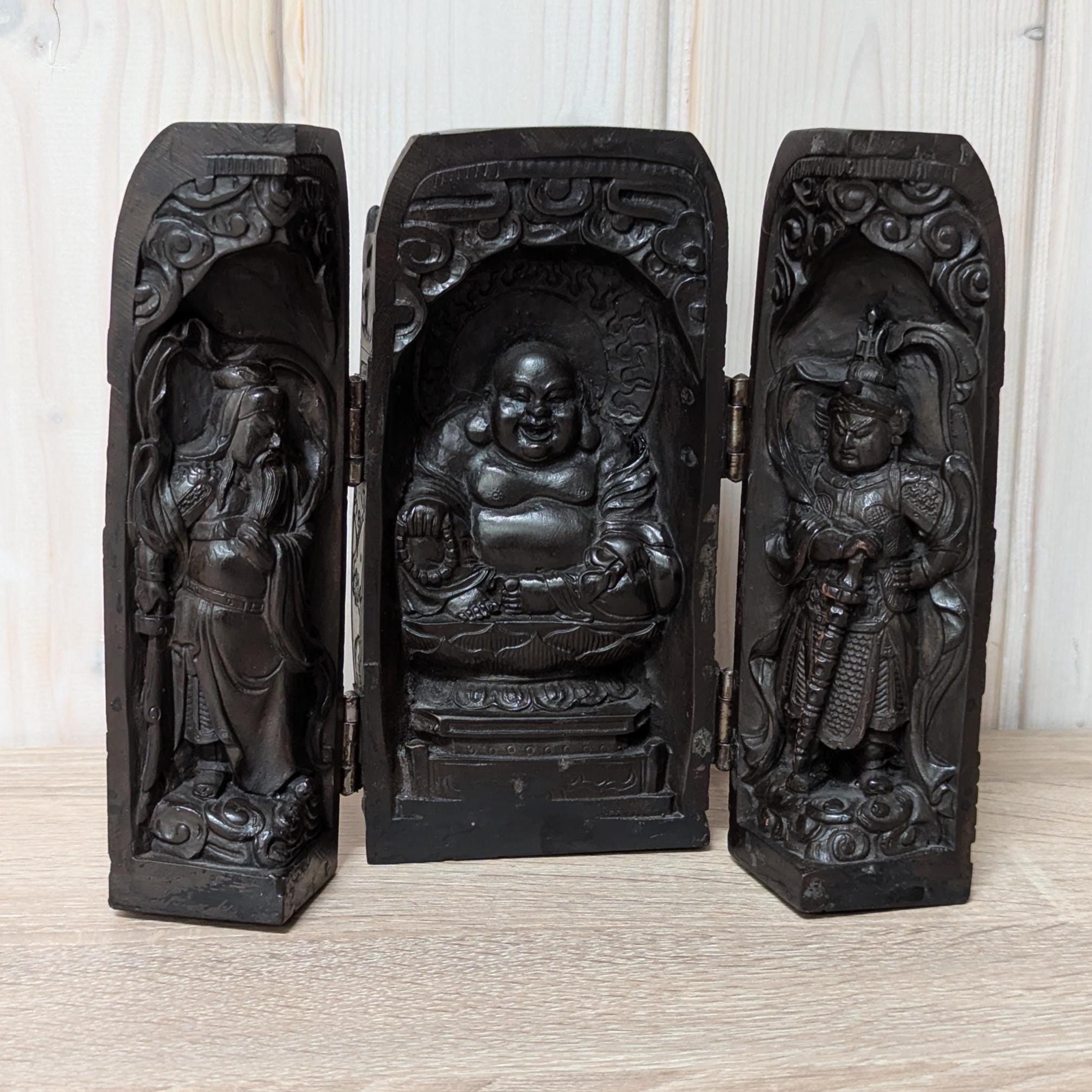 Handcarved Folding Travel Shrine: Chinese Buddha Altar, 20th Century Devotional Art