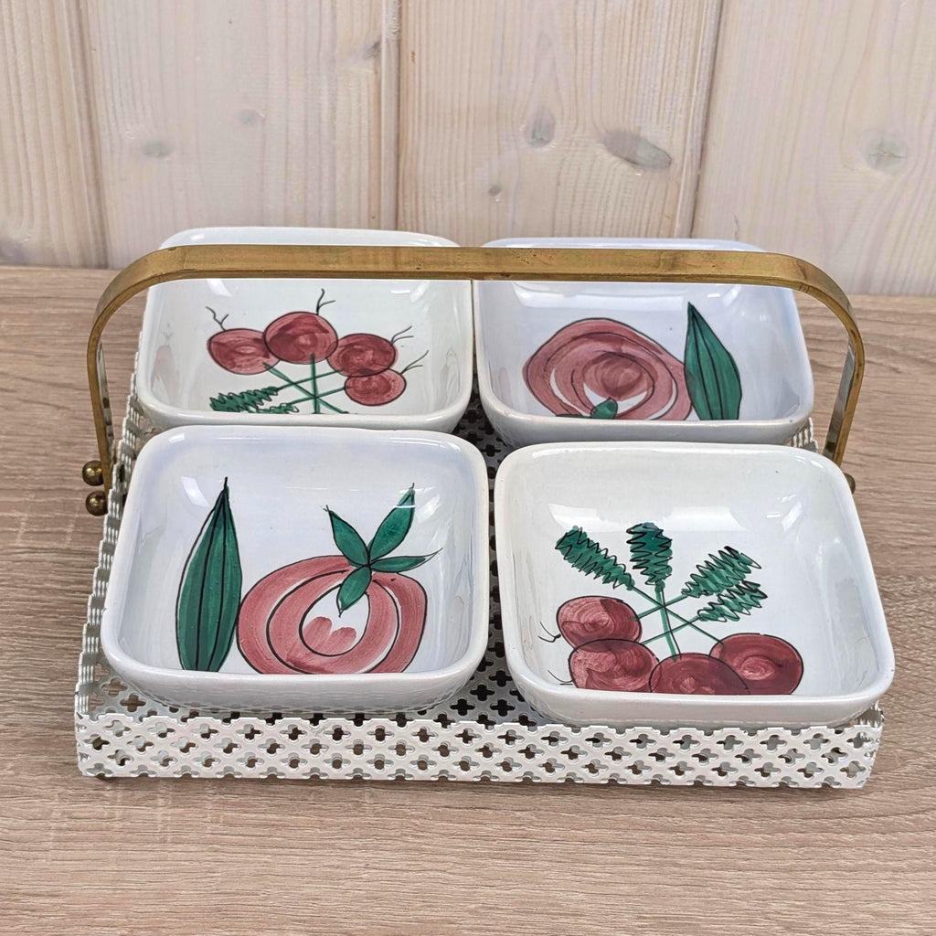 Schramberg SMF Dec 1180 Ceramic Snack Bowl Set with Metal Tray, Vintage 1950s West German Hand-Painted Pottery, Radish Veggie Motif
