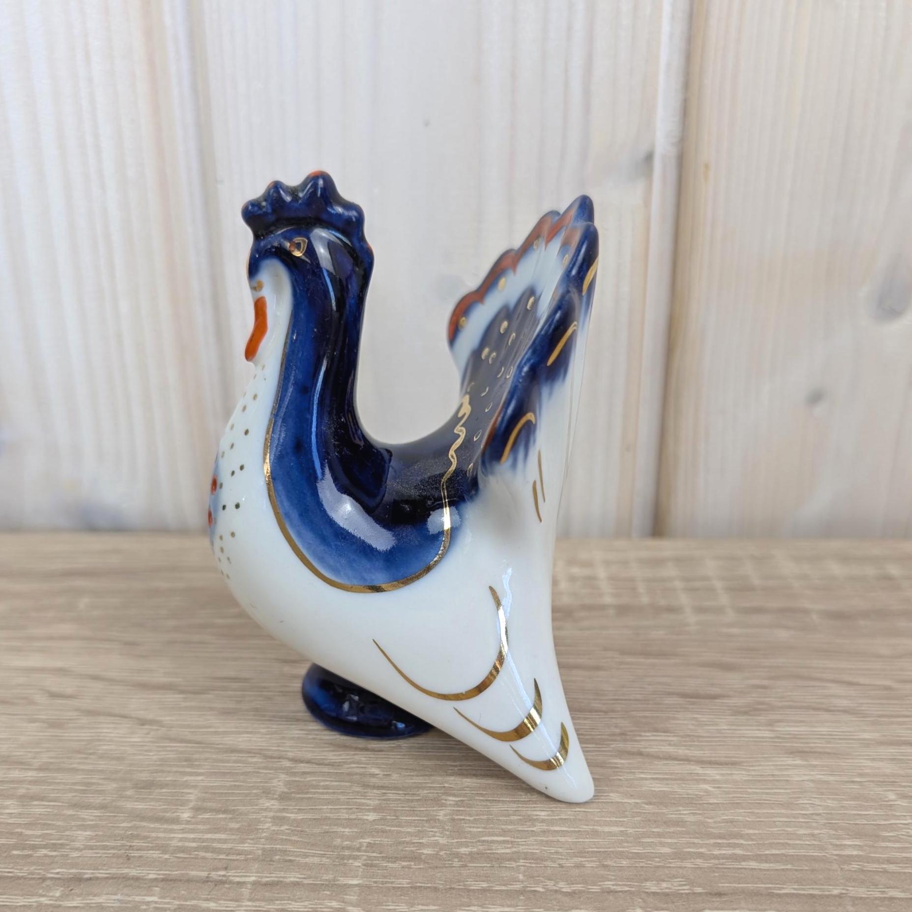 Hand Painted Rooster Peacock Figurines, Porcelain Animal Set, Lomonosov USSR, 1970s Vintage