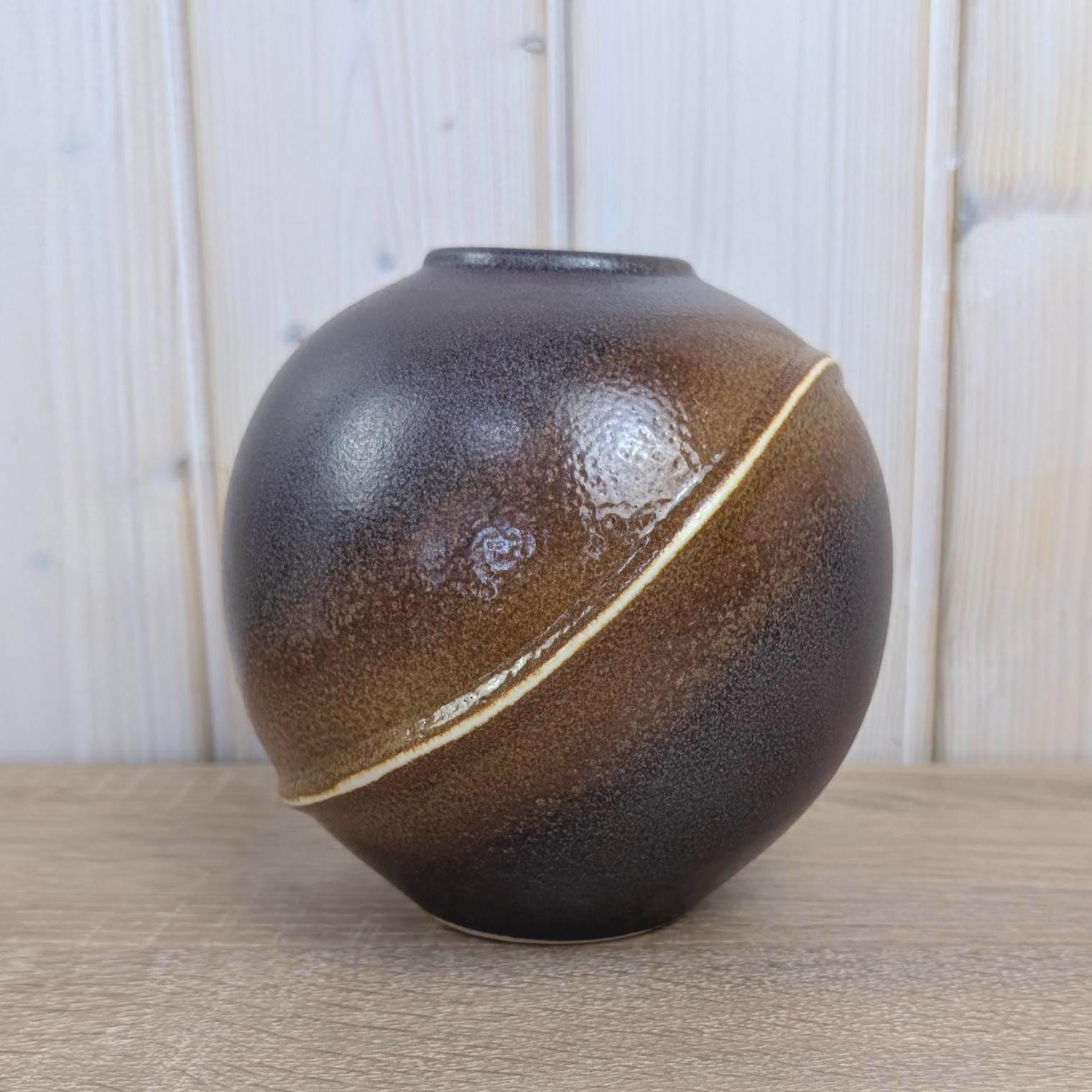 Dümler and Breiden 777/15 Ball Vase, West German Pottery, Brown Amber Diagonal Glaze, 1960s Vintage Ceramic