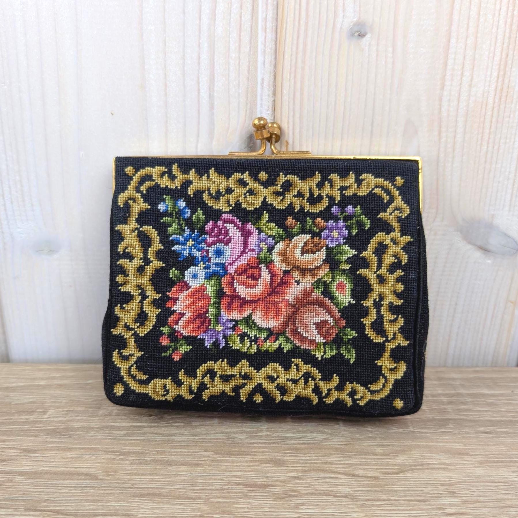 Petit Point Coin Purse Black Gold, Floral Needlepoint Wallet Double Frame Clasp, Austrian German Embroidered Purse, 1950s 1960s Vintage