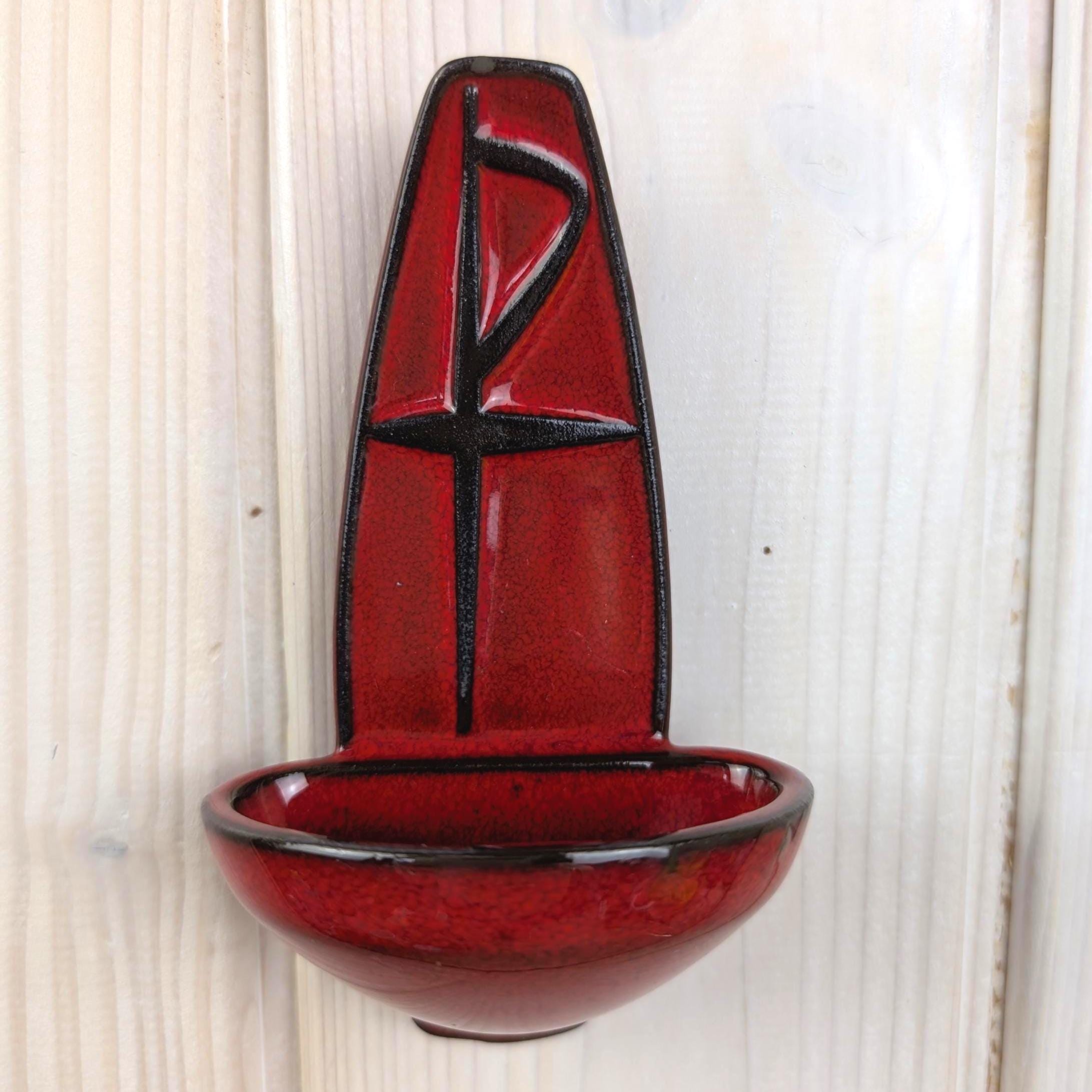 Majolika Karlsruhe Holy Water Font, Model 92, Red Black Ceramic, Chi Rho Wall Font, Midcentury Religious Decor, 1960s Vintage