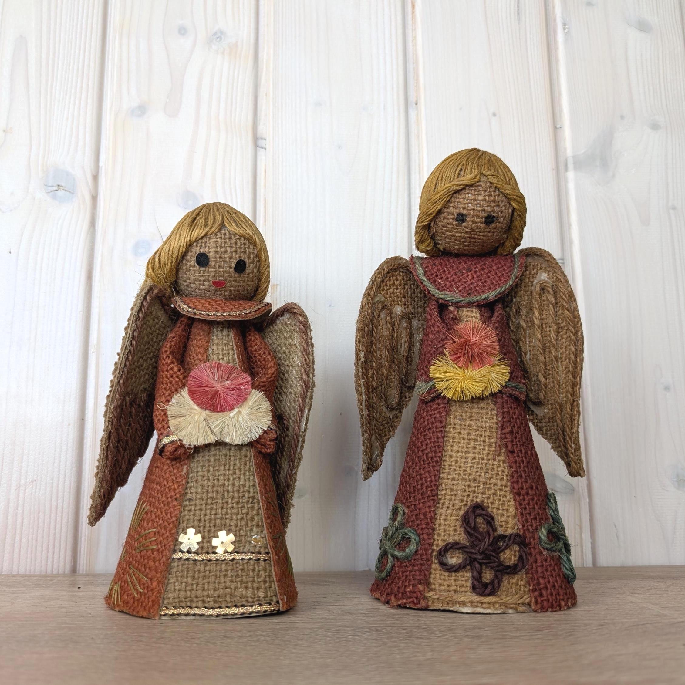 Vintage jute Christmas angels, handmade holiday tree toppers, natural fiber decor, 1970s