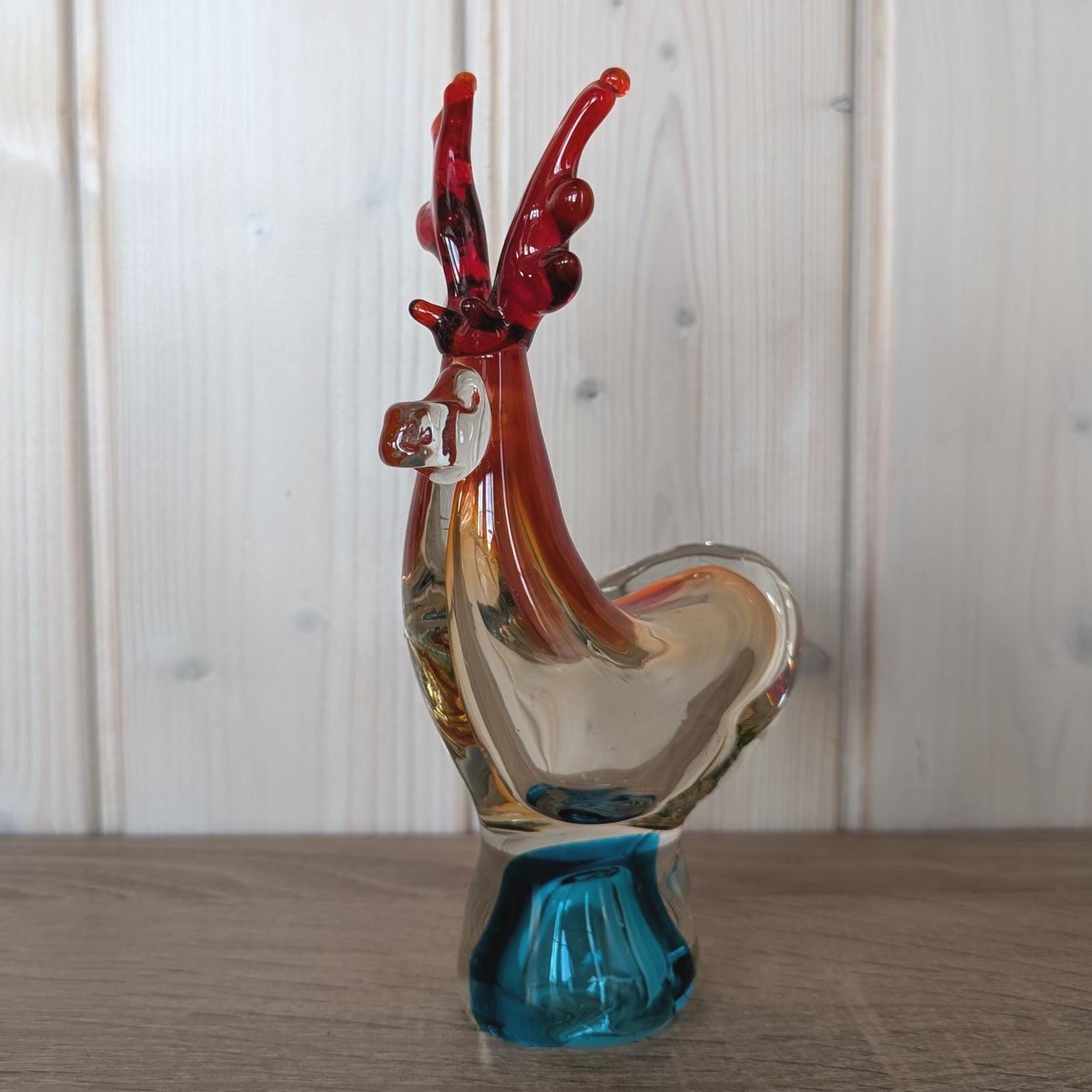 Murano Style Glass Reindeer, Amber Blue Art Glass Figurine, Vintage 1960s–1970s