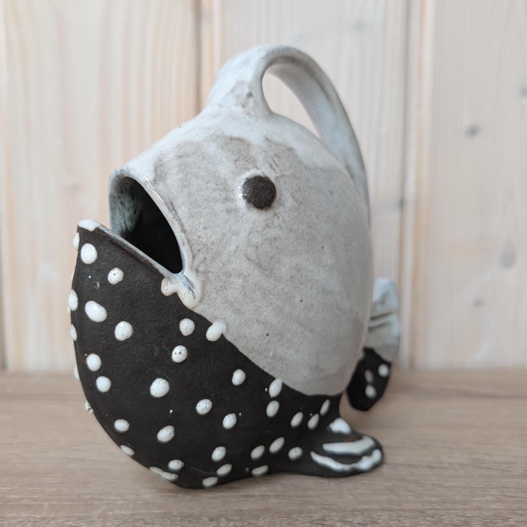Vintage Gabbianelli Fish Pitcher, Marked G Italy, 1960s MCM Ceramic Jug Vase, Black White Dotted Studio Pottery