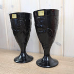 Luminarc Black Glass Goblets, Set of 2, Embossed Fruit Motif, Made in France, 1970s Vintage Barware