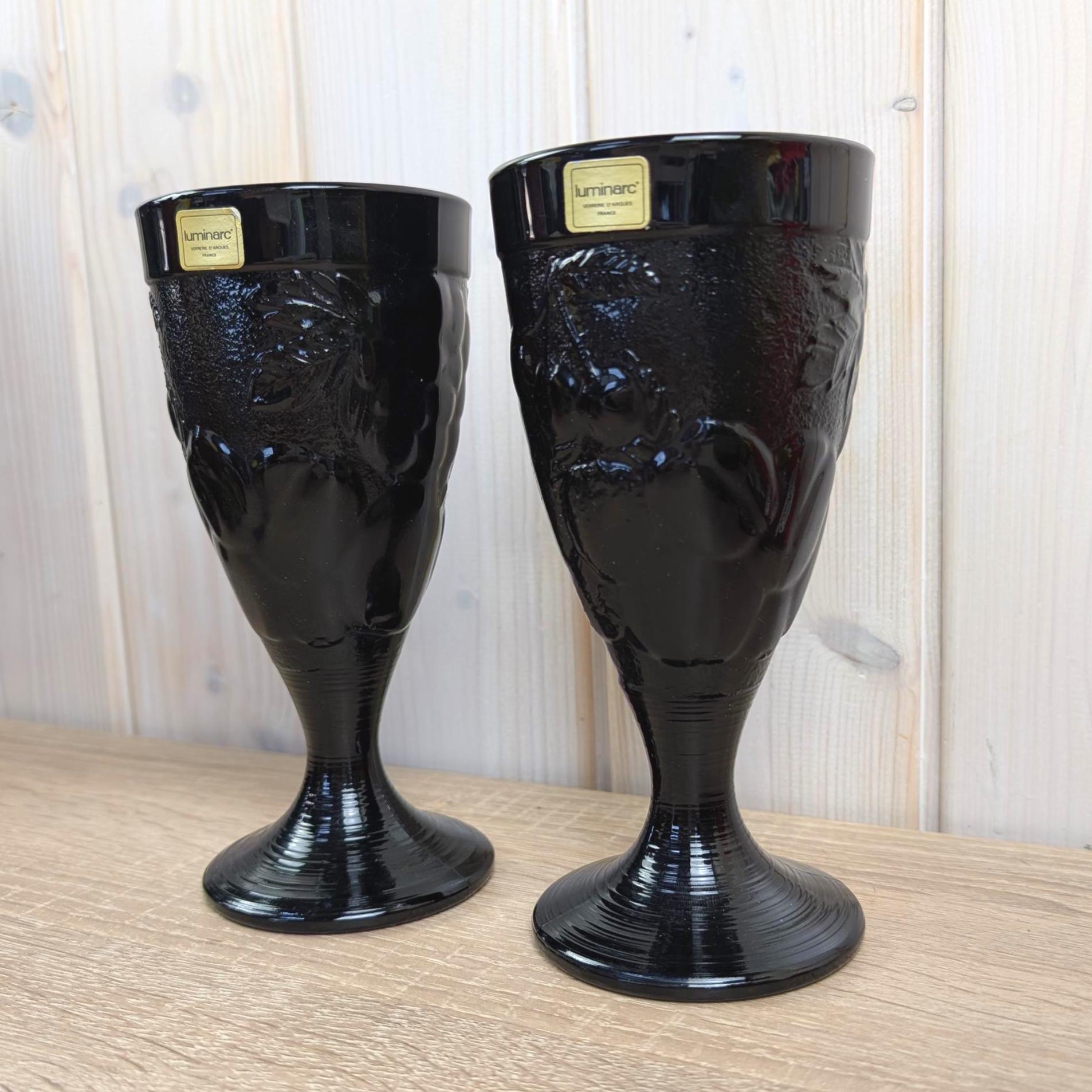 Luminarc Black Glass Goblets, Set of 2, Embossed Fruit Motif, Made in France, 1970s Vintage Barware