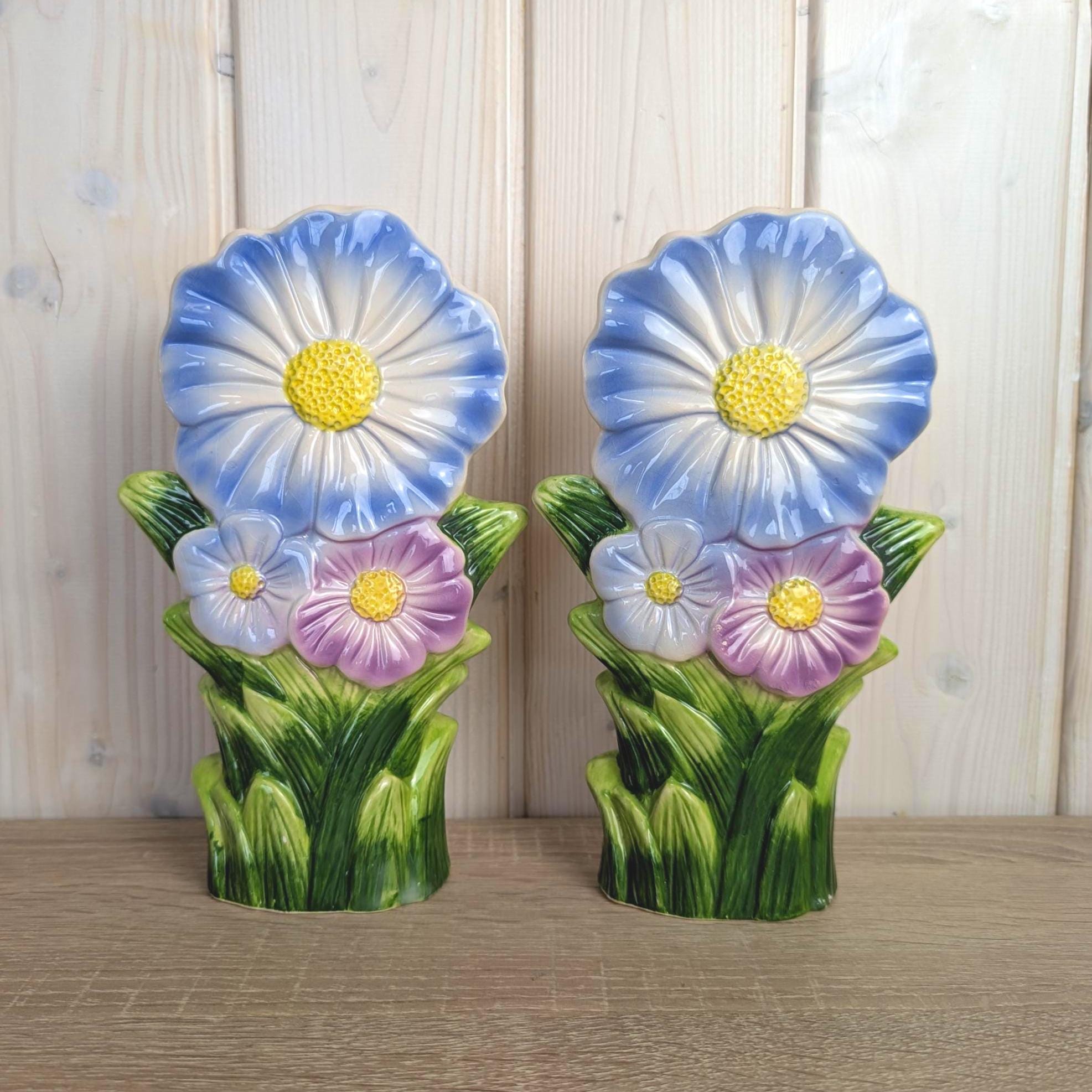 Vintage Ceramic Flower Wall Pocket Pair, Radiator Humidifier, Blue Daisy Relief, Earthenware, 1980s Home Decor