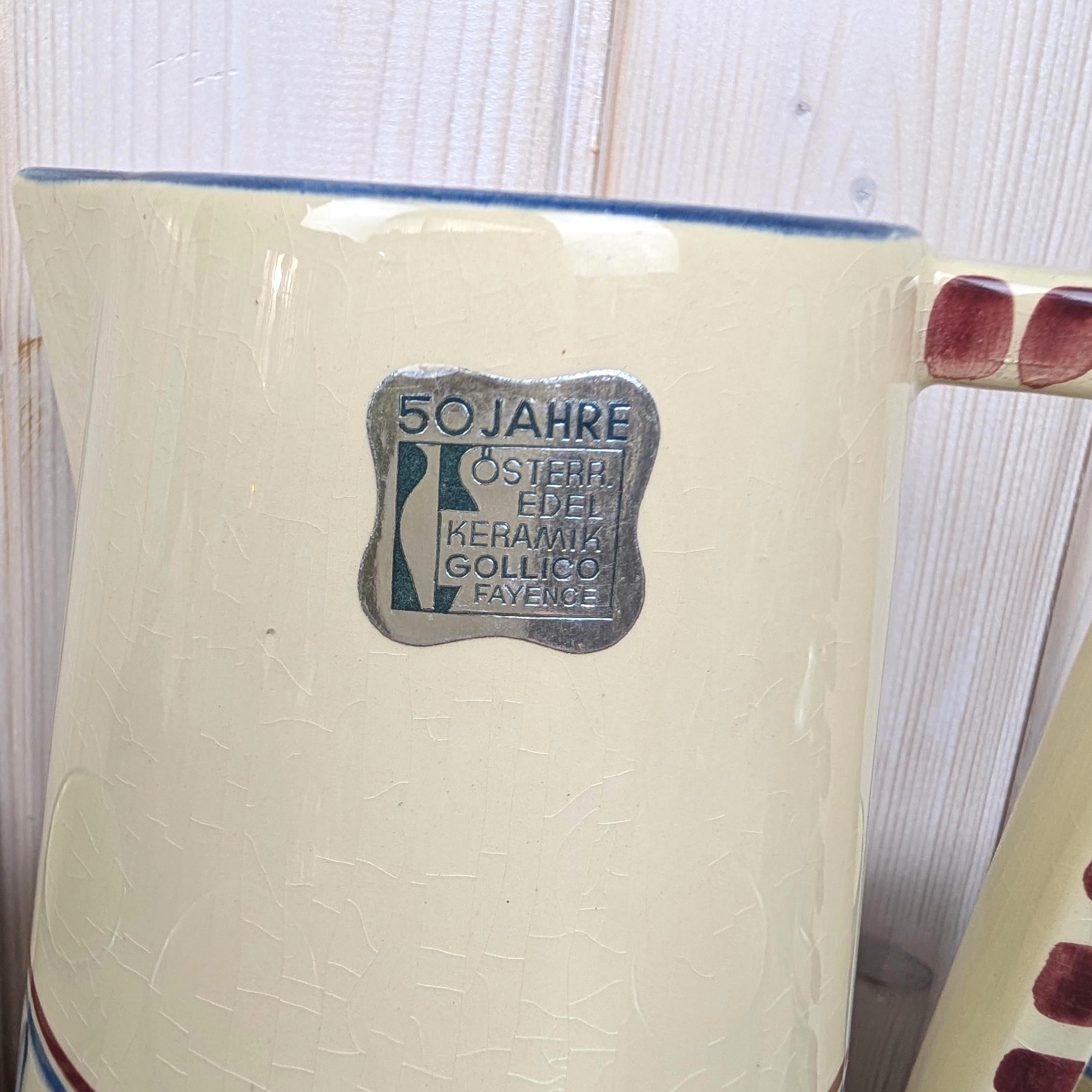 Vintage Gollico Austria ceramic pitcher set, hand painted floral design, 1960s pottery