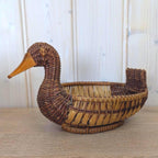 Vintage Wicker Duck Basket, Rattan Animal Figure Bowl, Folk Art Bread Fruit Tray, 1970s