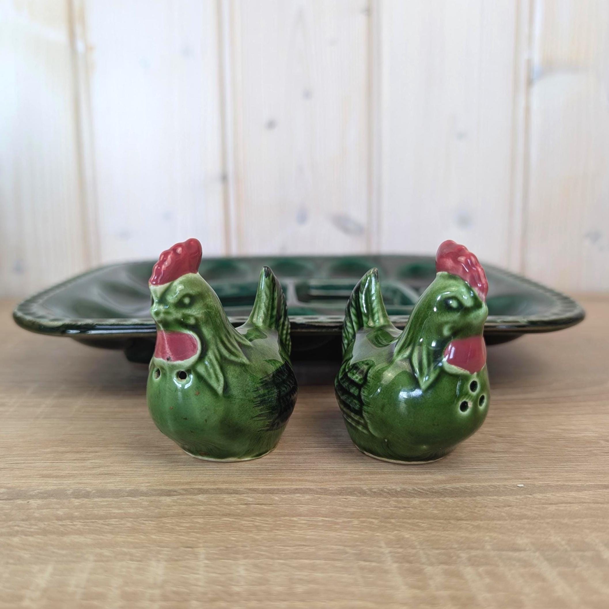 Vintage Green Ceramic Egg Tray with Rooster Salt & Pepper Shakers, Majolica Style,  1950s–1960s
