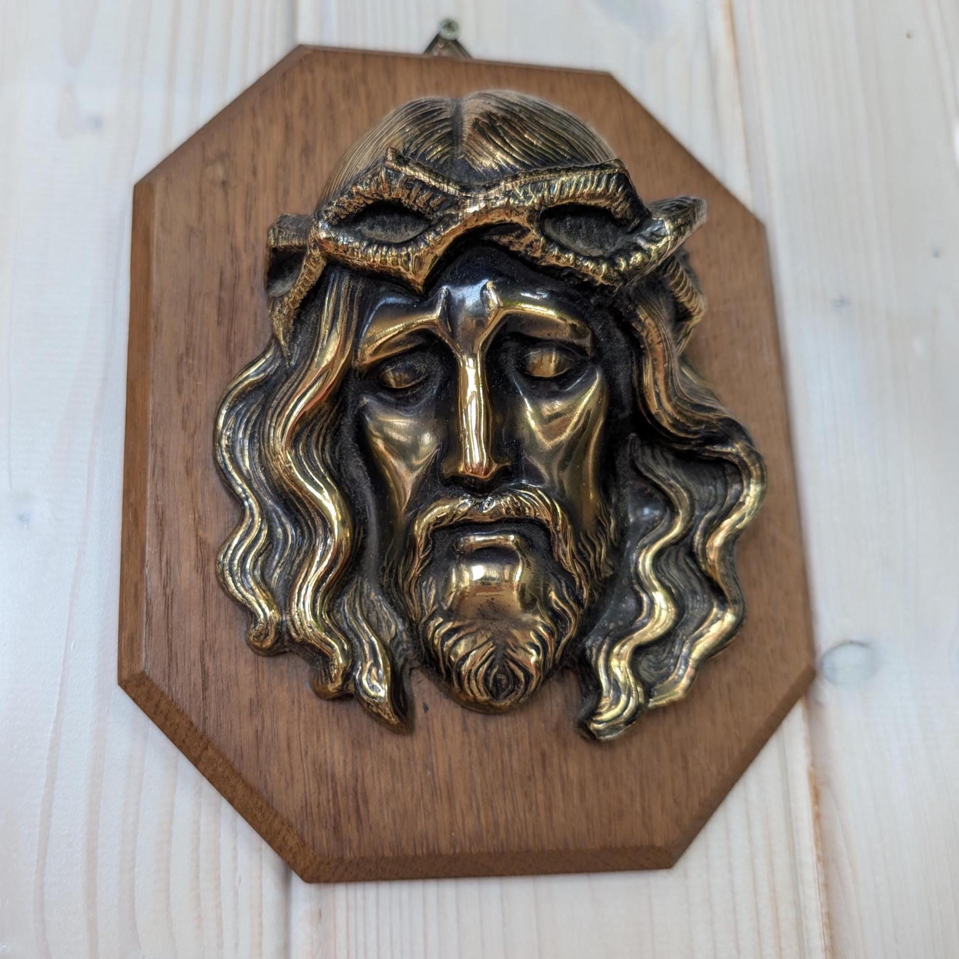 Vintage Brass Wall Plaques Jesus and Mary, Religious Art, Mounted on Wood, 1950s Catholic Decor
