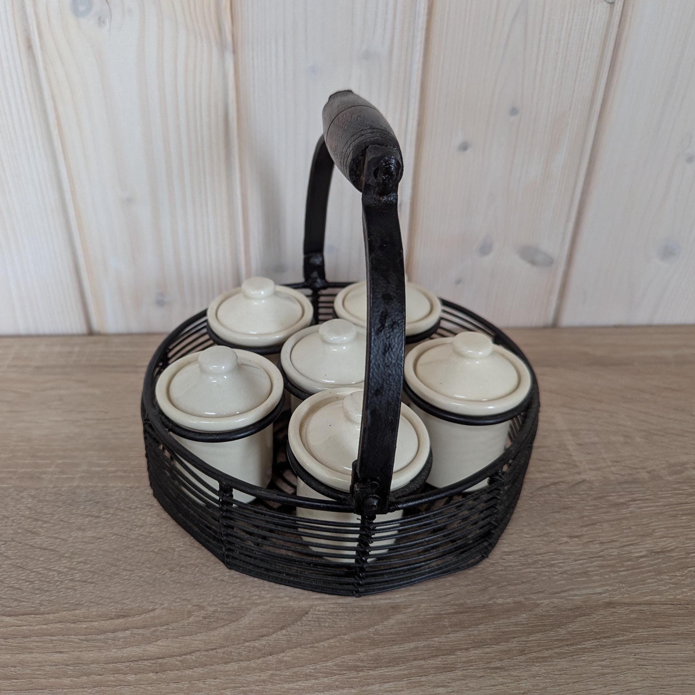 Vintage 1970s Spice Jar Set, Metal Basket with Wood Handle, 6 Ceramic Pots with Lids, Rustic Kitchen Storage
