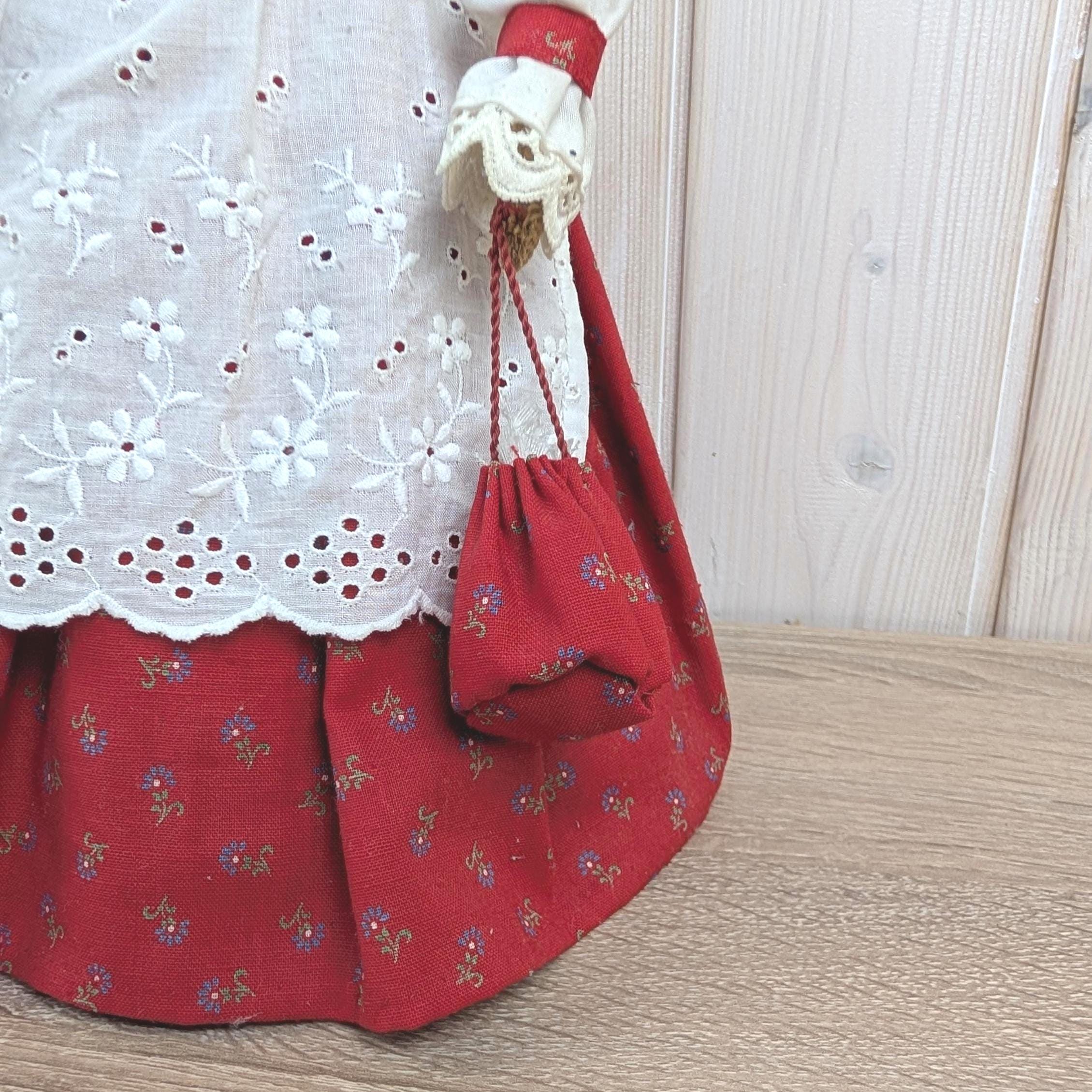 Vintage Folk Art Doll, Jute Cone Body, Red Floral Dress, Broderie Anglaise Apron, Braided Hair, 1960s, European Handmade Decorative Doll