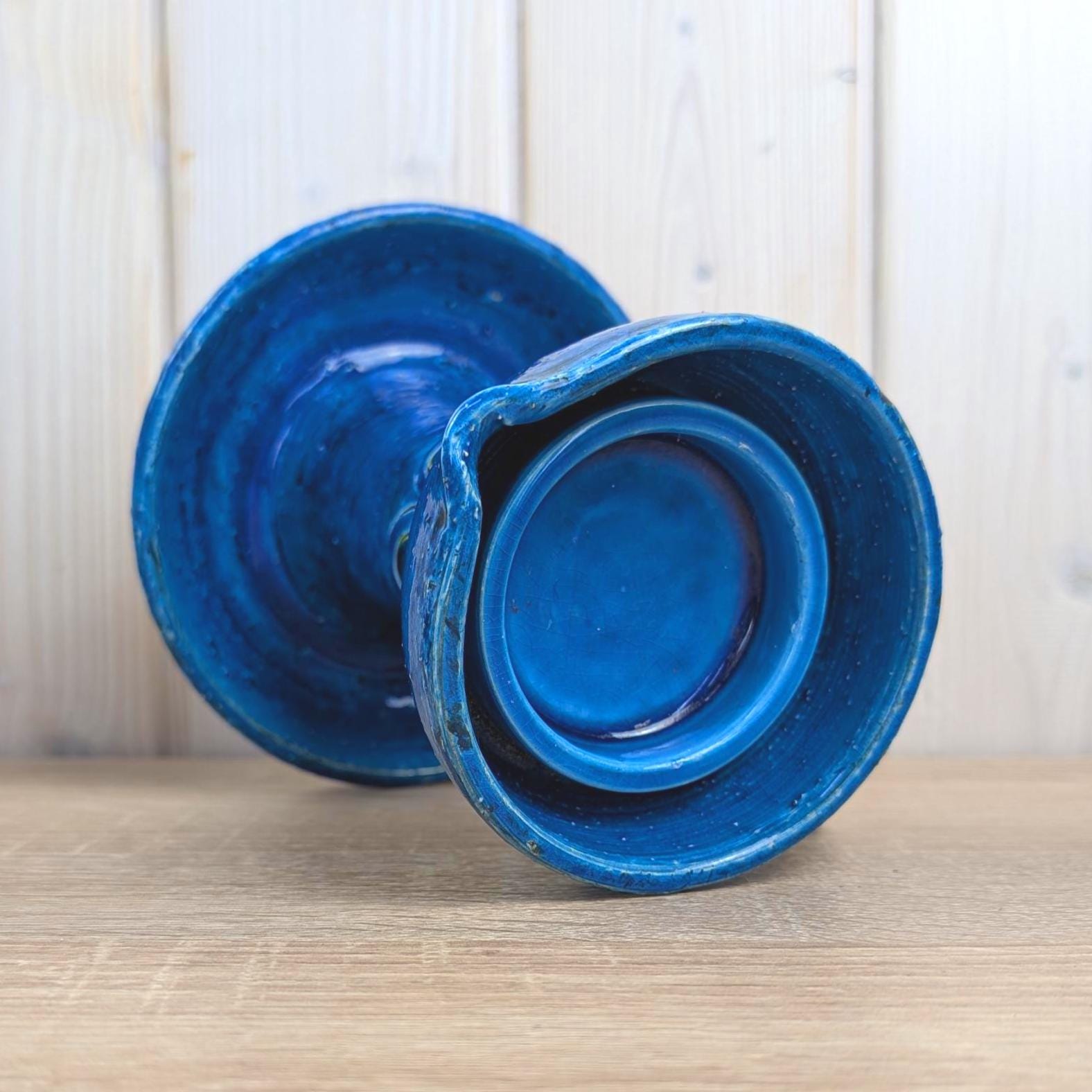 Bitossi Ikano Blue Chamberstick Candle Holder, Aldo Londi, Made in Italy, 1960s