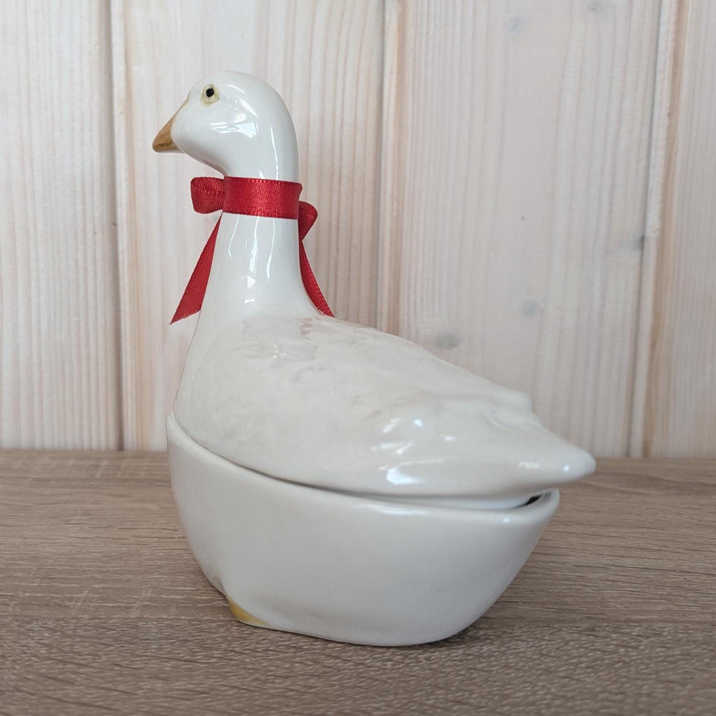Vintage Michel Cougant French Faience Goose Dish, Signed Lidded Bird Box