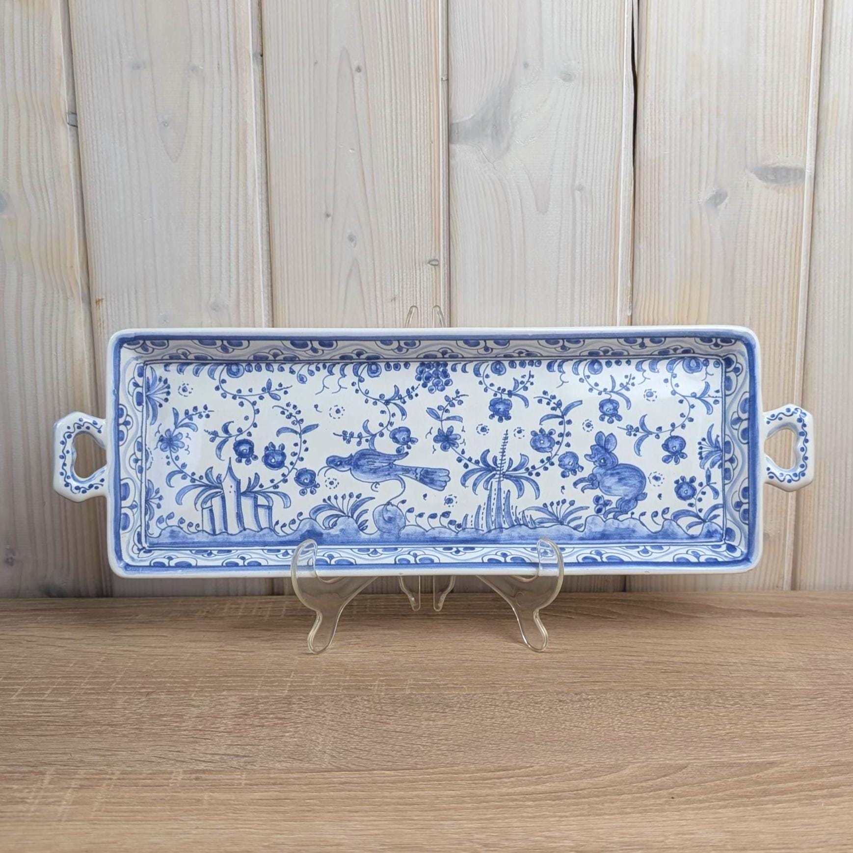Figcer Portugal Blue White Ceramic Tray, Hand Painted Birds Flowers, Zona de Conimbrica, 1970s