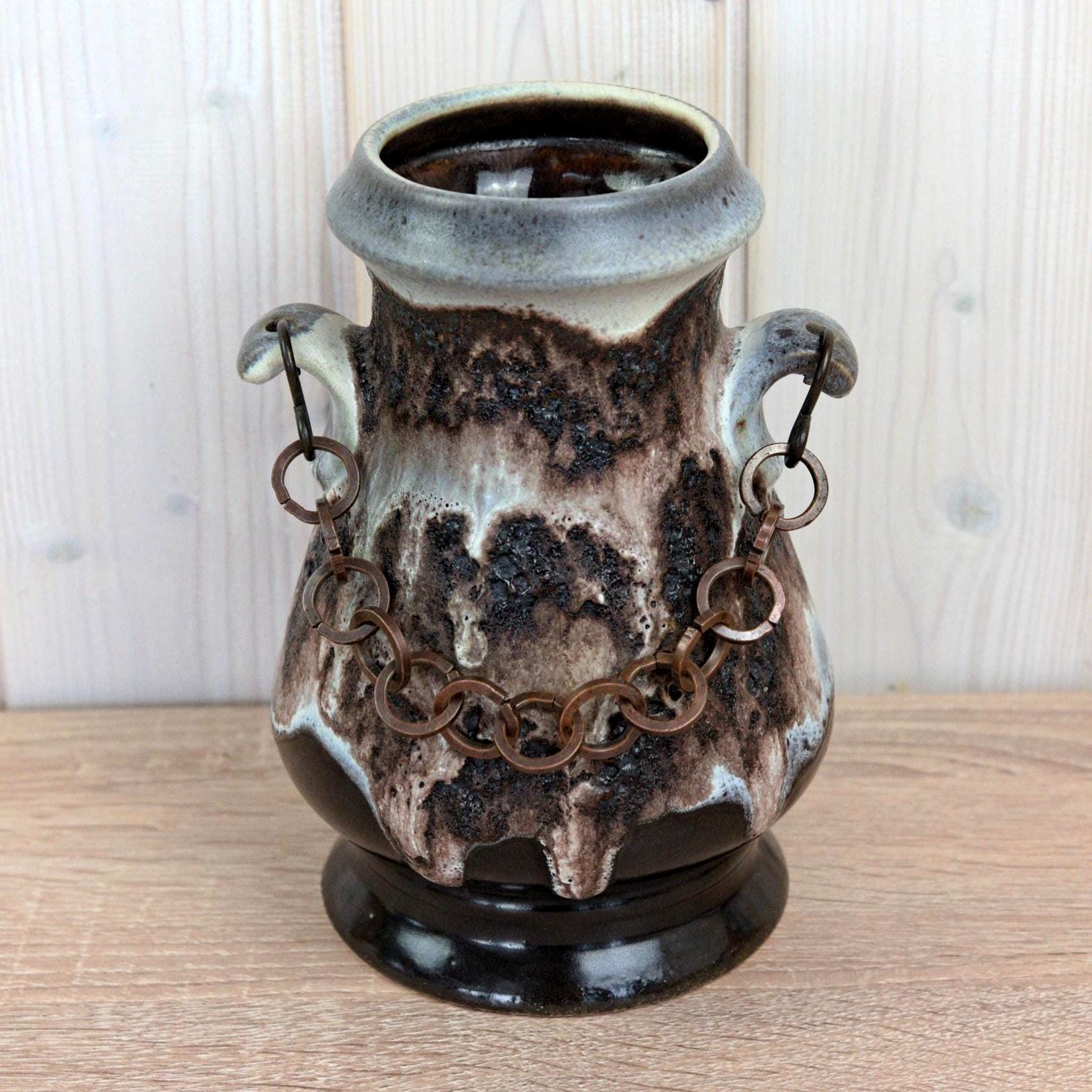 Dumler Breiden 1180-20 Vase West Germany, Mid Century Ceramic with Chain Handles, Fat Lava Pottery
