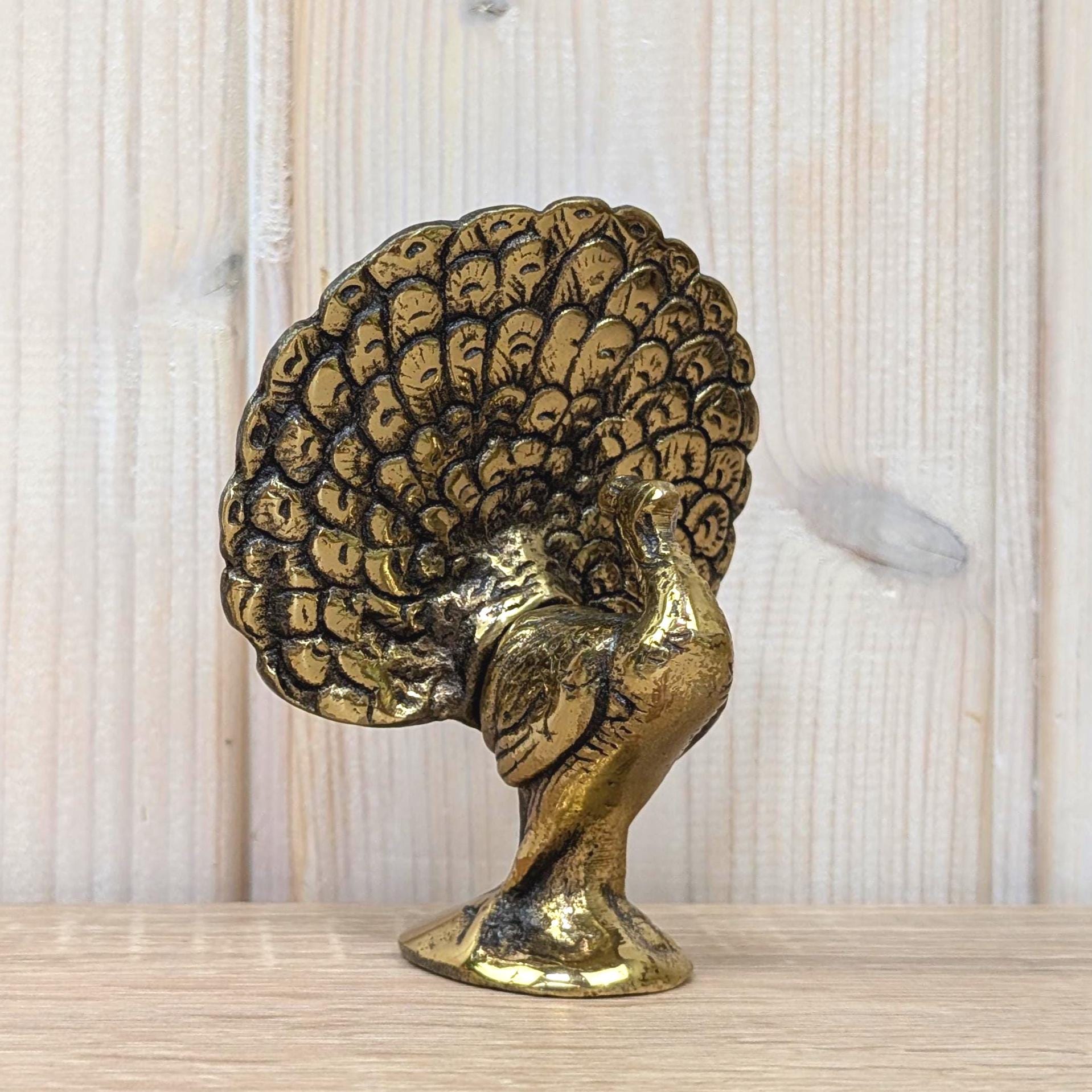 Vintage Brass Peacock Figurine, Cast Brass Fan Tail, Boho Shelf Decor, 1970s