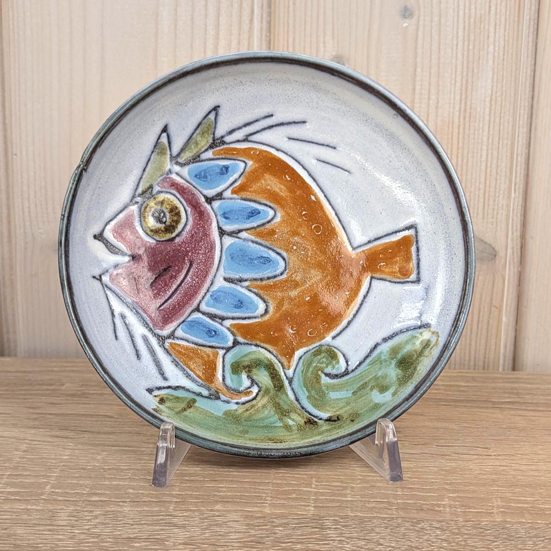 José Serigado Portugal Ceramic Fish Dish, Vintage 1970s Hand-Painted Signed Studio Pottery Alcobaca, Ring Dish Trinket Bowl Wall Decor