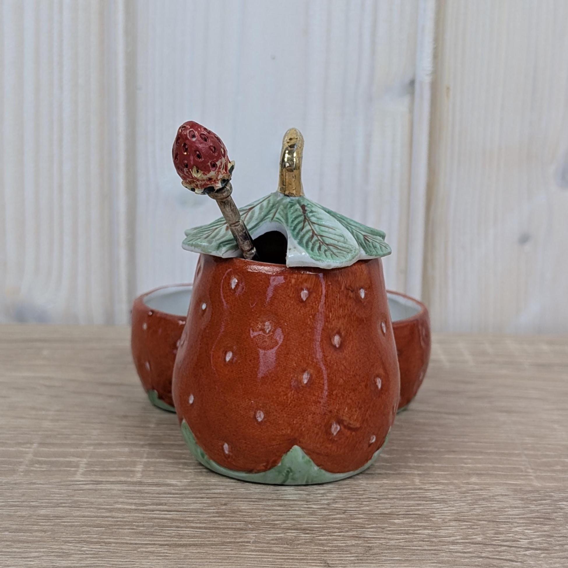 Vintage Strawberry Salt Pepper Sugar Set, Ceramic Tableware, Europe, Mid Century