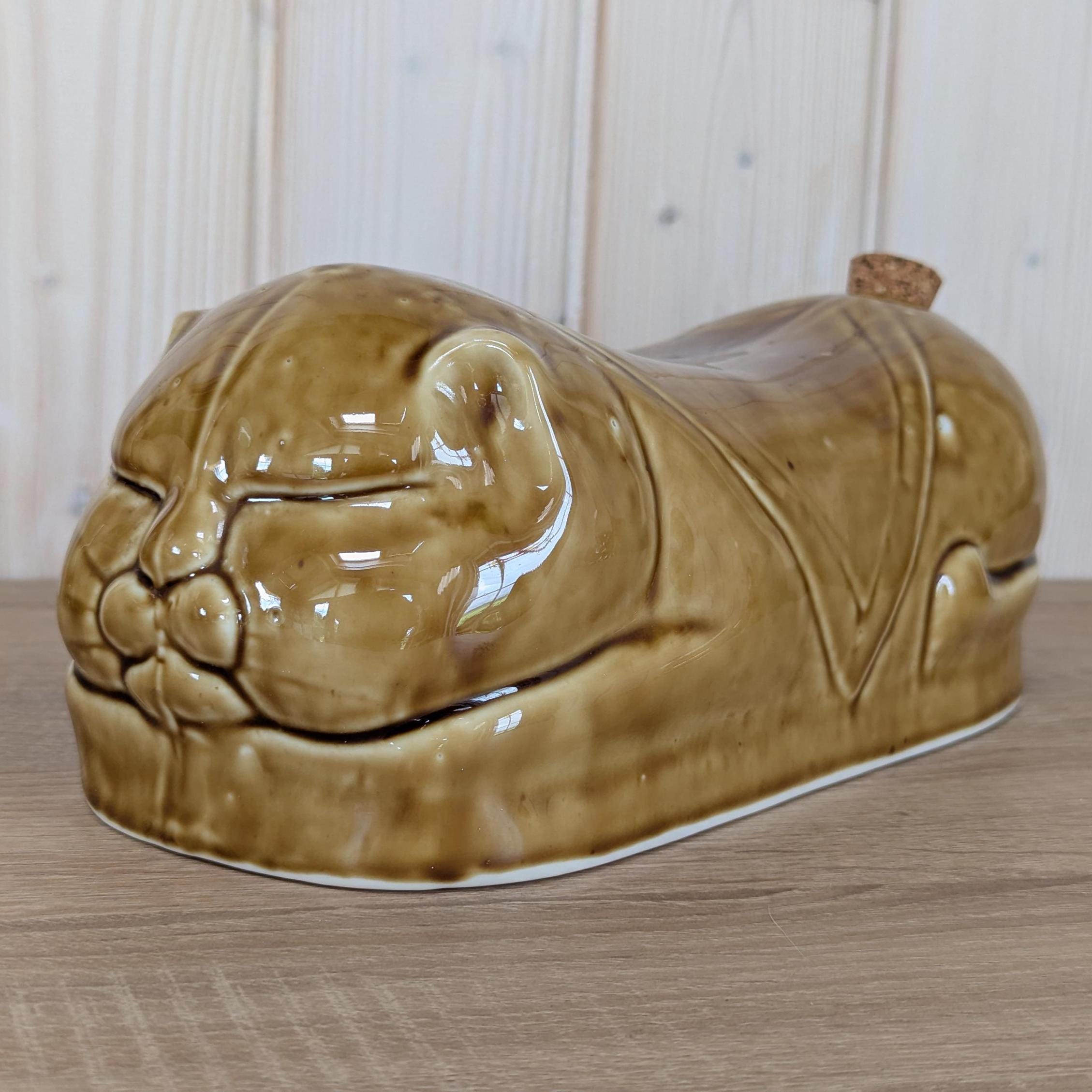 Vintage Ceramic Opium Cat Bed Warmer, Brown Glazed Hot Water Bottle, 1970s