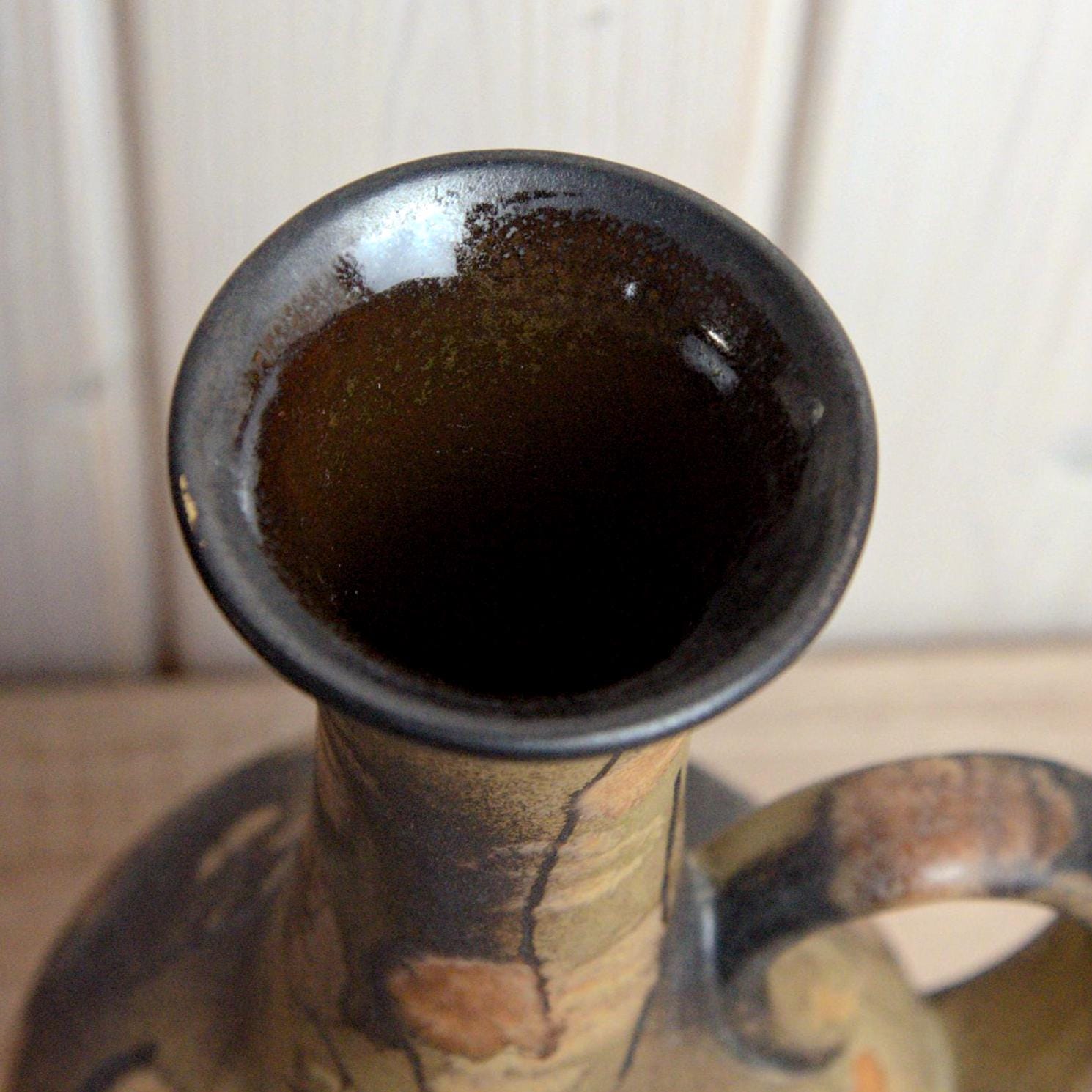 Ruscha K-35 Vintage West German Pottery Vase, Mid Century Ceramic with Handle Brown Beige Glaze
