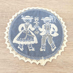 Vintage Alpine Folk Costume Doily Set, Linen Lace Coasters Tracht Couple, Austrian German Folk Art, 1960s
