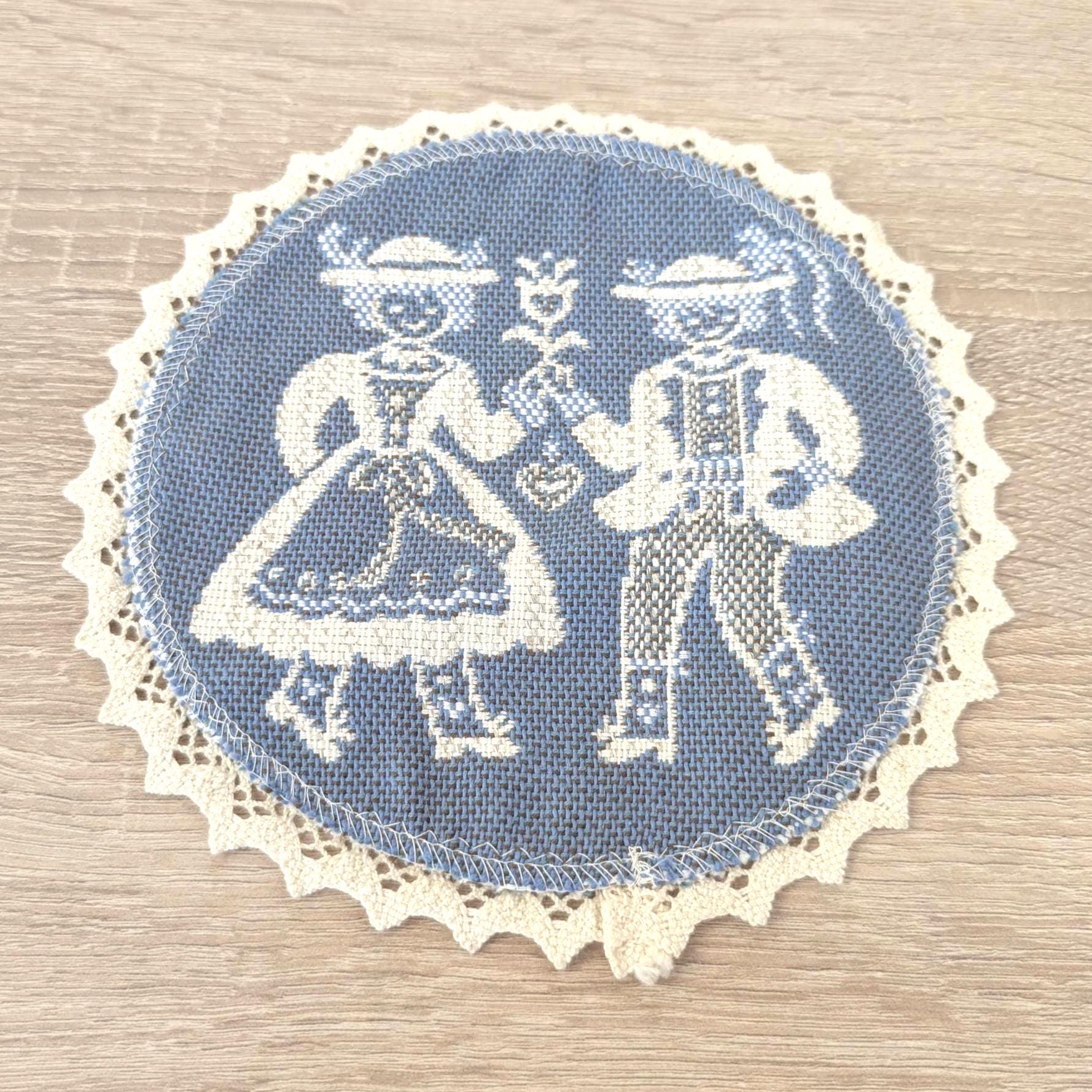 Vintage Alpine Folk Costume Doily Set, Linen Lace Coasters Tracht Couple, Austrian German Folk Art, 1960s