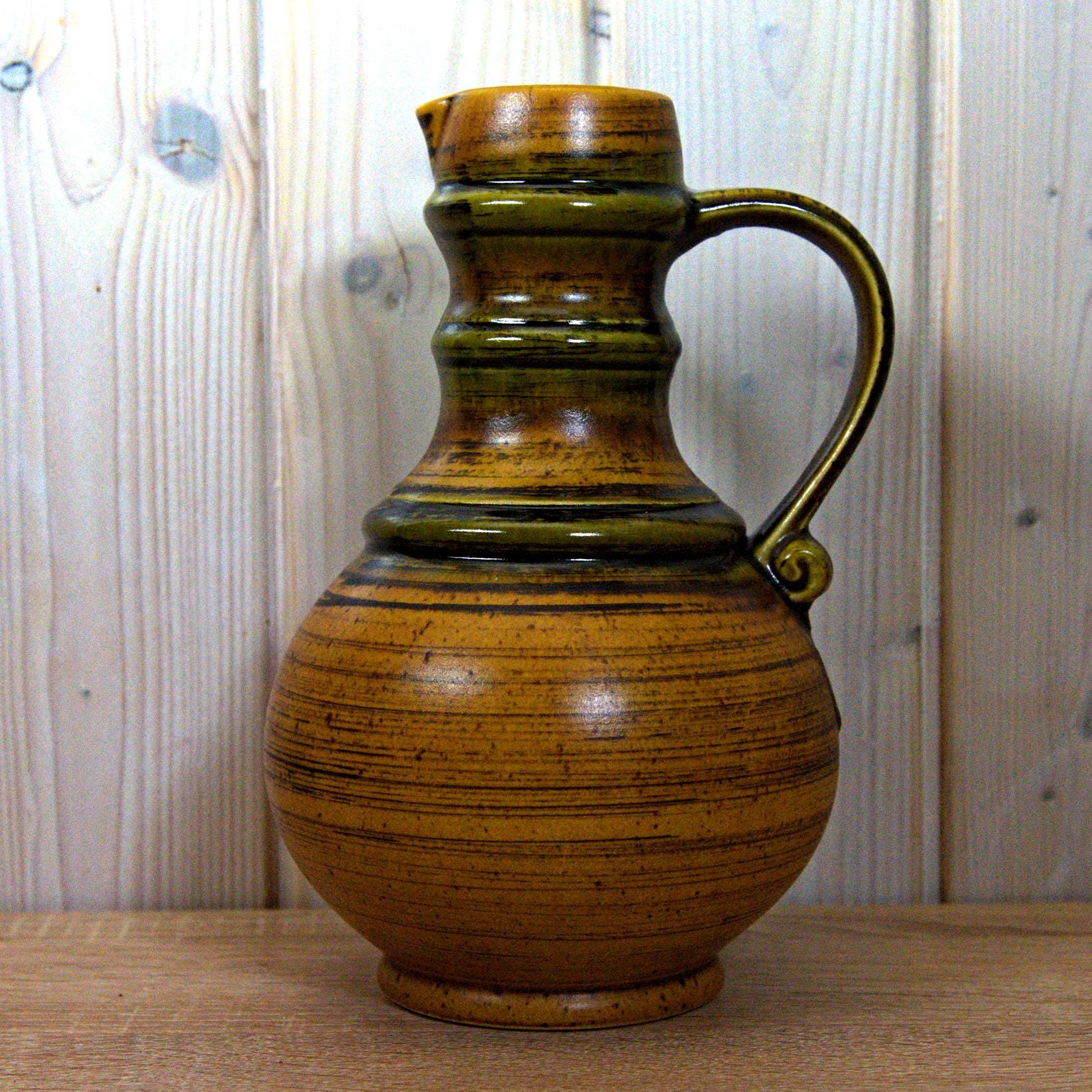 Jasba Ceramic Pitcher, Model 0781225, West German Pottery, Brown Green Glaze, Vintage 1970s