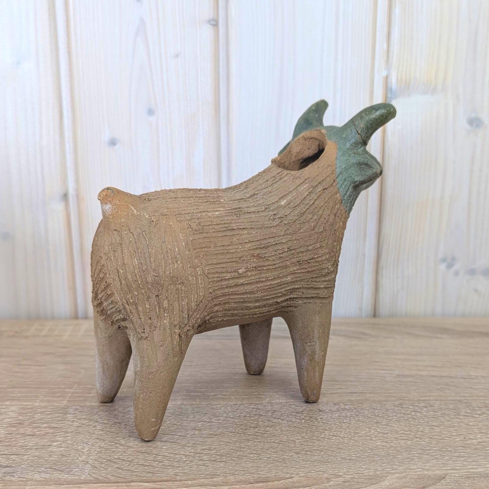Vintage Mexican Pottery Goat Figurine, Folk Art Bull Terracotta Sculpture, Handmade Mexico, 1960s