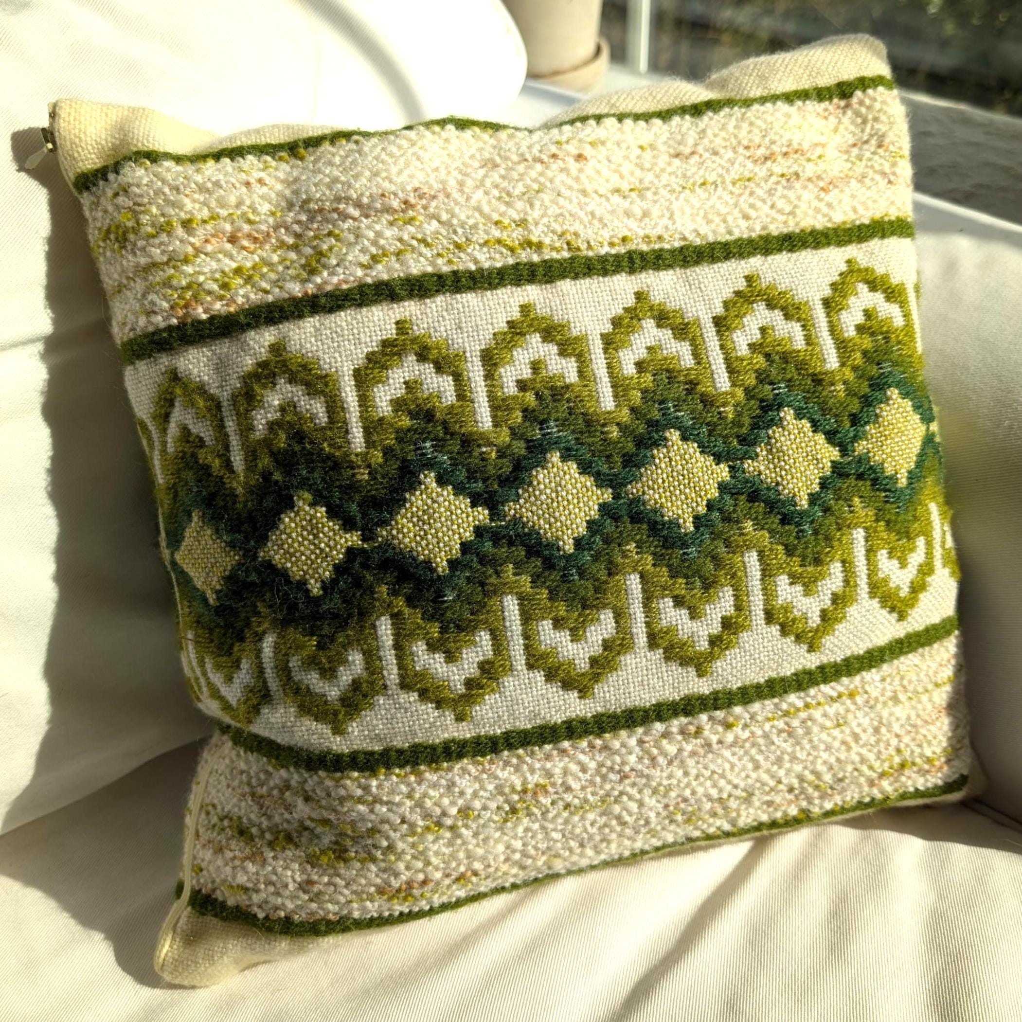 Vintage 1970s Green Needlepoint Cushion with Boucle Weave, Hand Embroidered Geometric Folk Pattern, Retro Home Decor with Insert