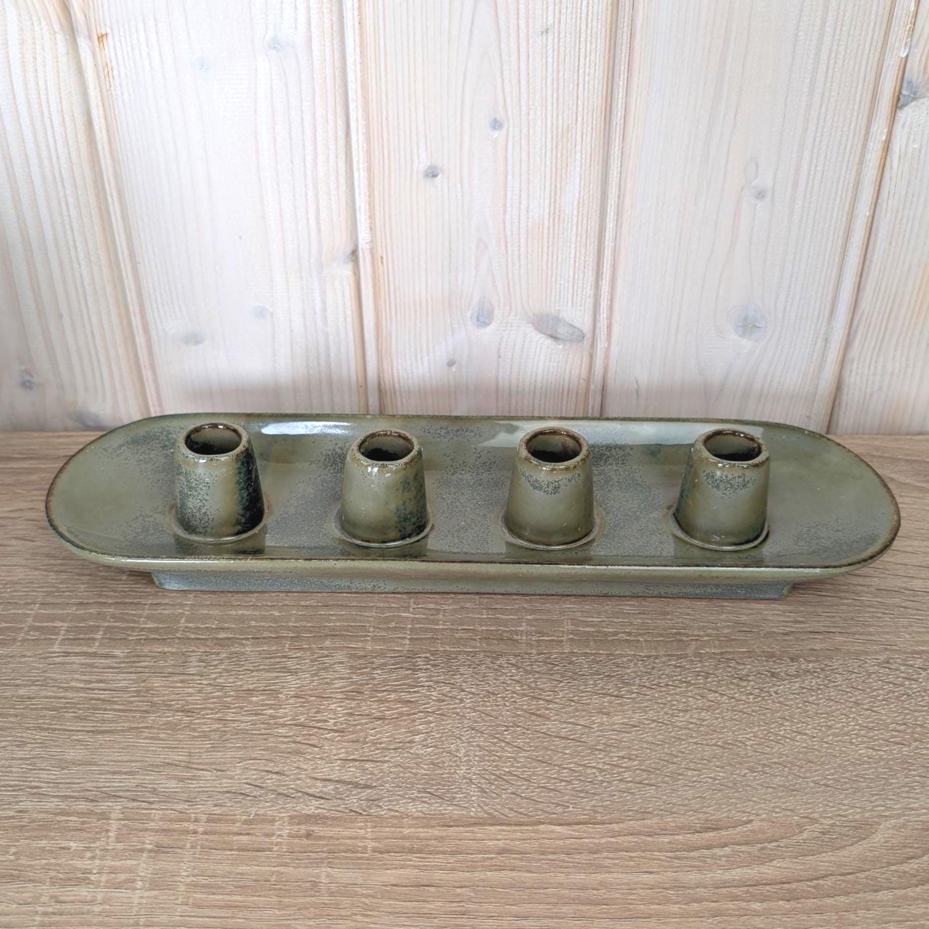Ceramic Advent Candle Holder 4 Candles, Stoneware Tray Candleholder, Sage Green Reactive Glaze, Christmas Table Decor