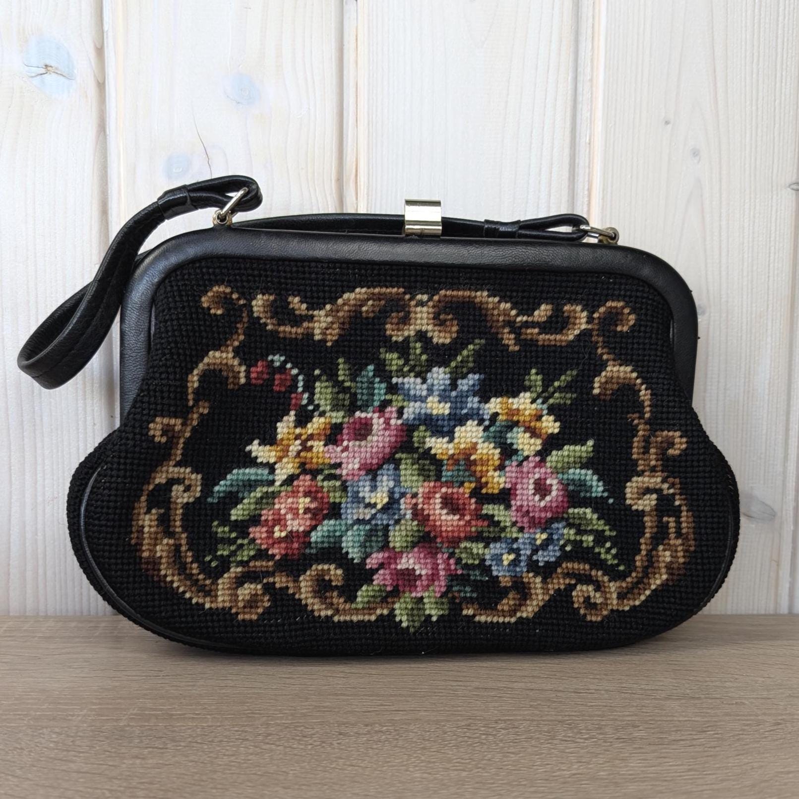 Vintage floral gobelin handbag, petit point tapestry purse, European evening bag, 1950s