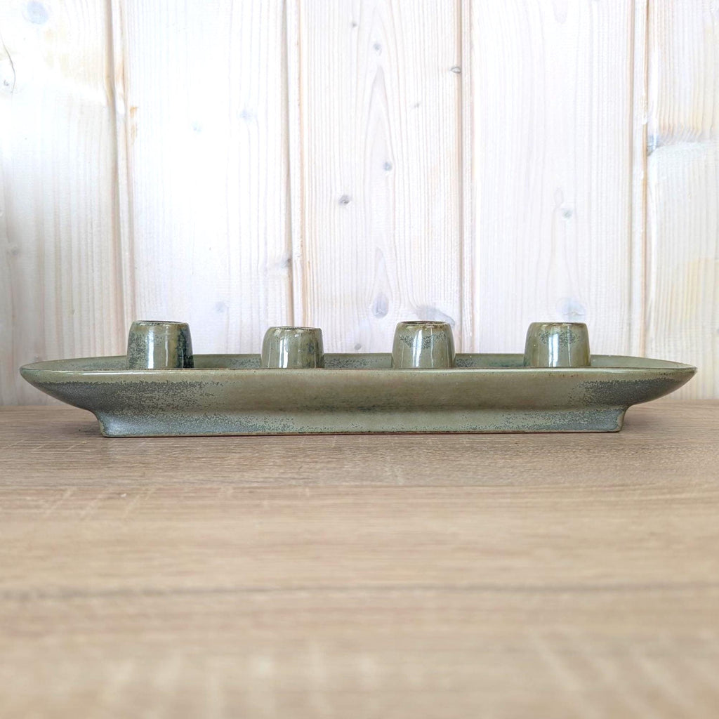 Ceramic Advent Candle Holder 4 Candles, Stoneware Tray Candleholder, Sage Green Reactive Glaze, Christmas Table Decor