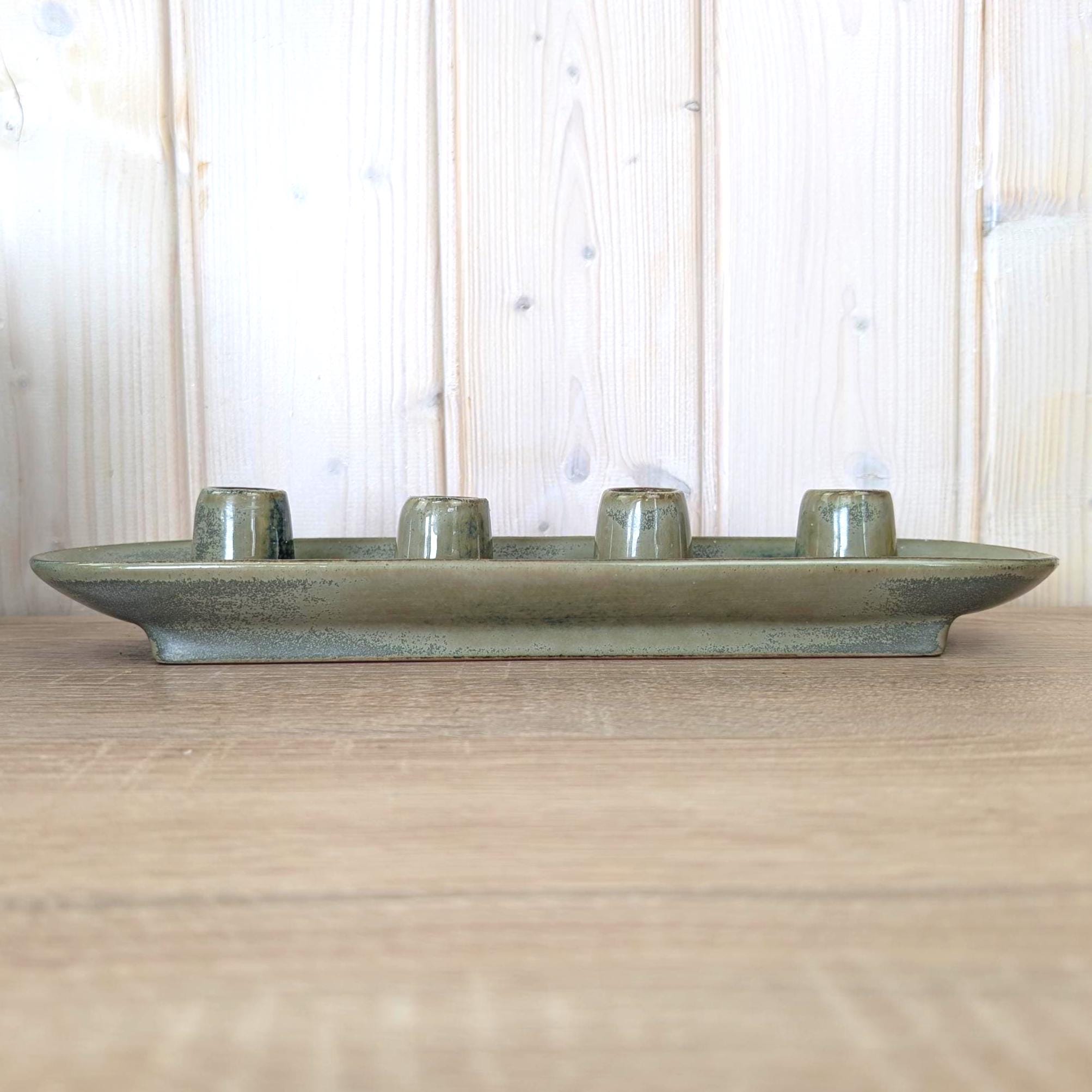 Ceramic Advent Candle Holder 4 Candles, Stoneware Tray Candleholder, Sage Green Reactive Glaze, Christmas Table Decor