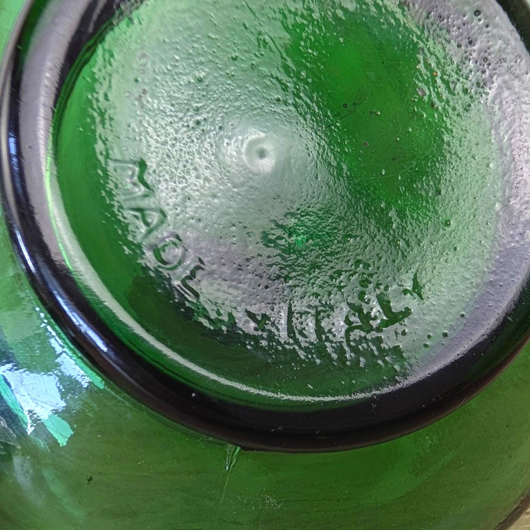 Empoli Green Glass Decanter Set with Stoppers and Wicker Basket Carrier, Italy 1960s