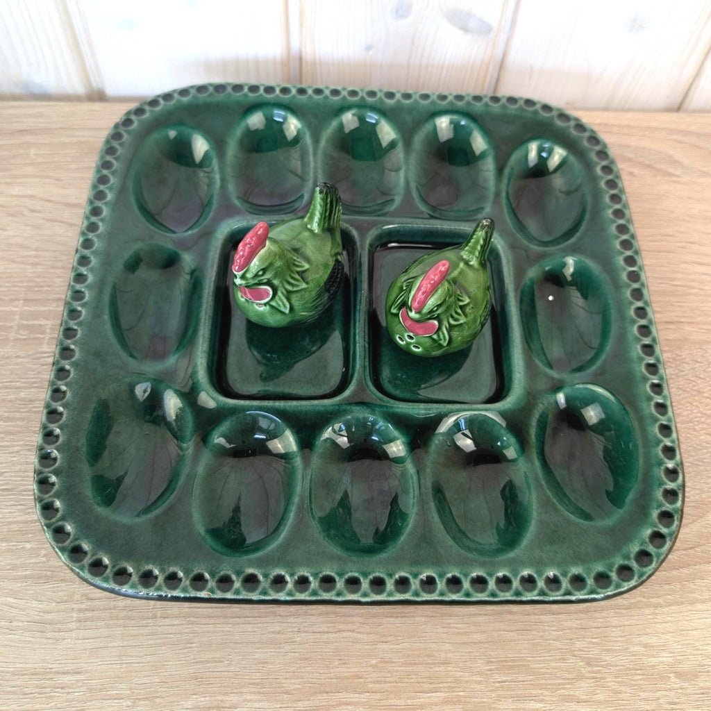 Vintage Green Ceramic Egg Tray with Rooster Salt & Pepper Shakers, Majolica Style,  1950s–1960s