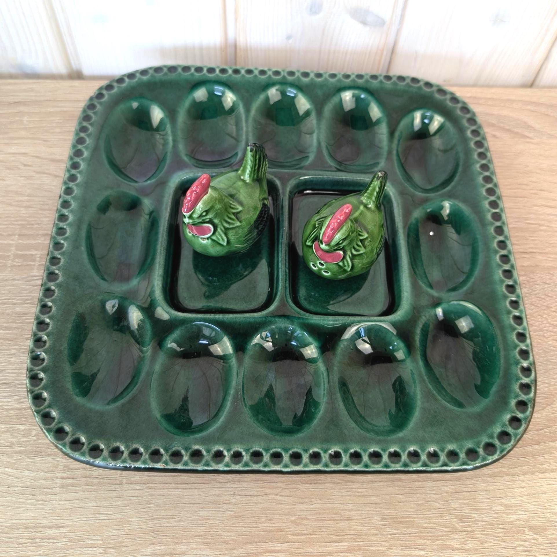 Vintage Green Ceramic Egg Tray with Rooster Salt & Pepper Shakers, Majolica Style,  1950s–1960s