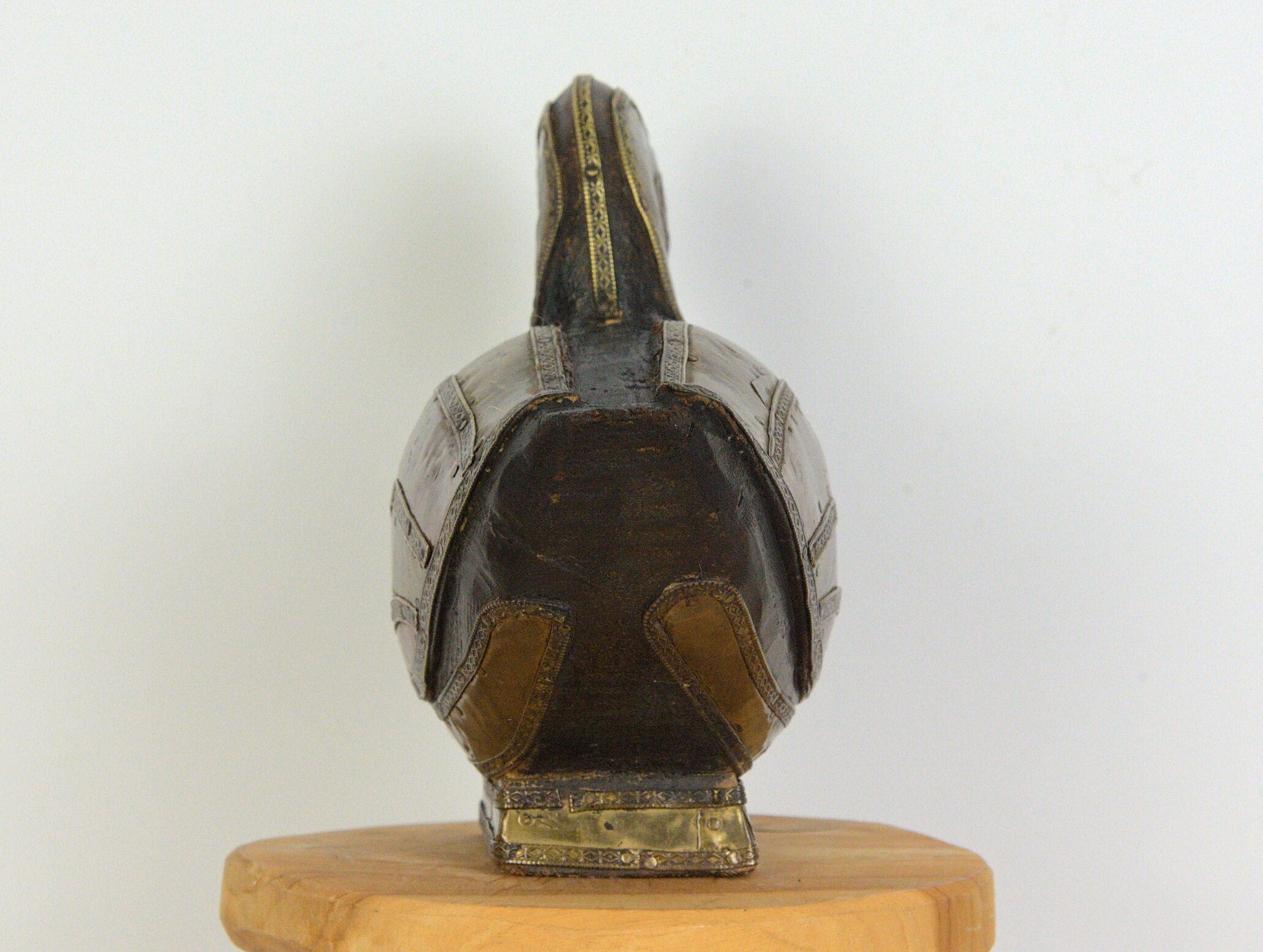 Vintage Wooden Duck Sculpture, Copper and Brass Inlay, Mid Century Decorative Bird, 1970s