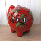 Scheurich Piggy Bank Red Floral Ceramic, West Germany 1960s, Model 792, with Key