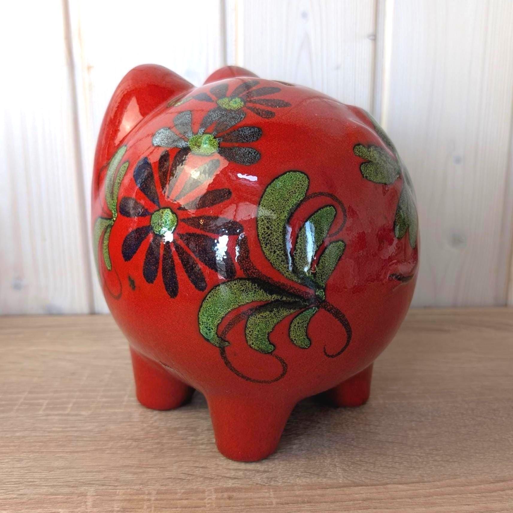 Scheurich Piggy Bank Red Floral Ceramic, West Germany 1960s, Model 792, with Key