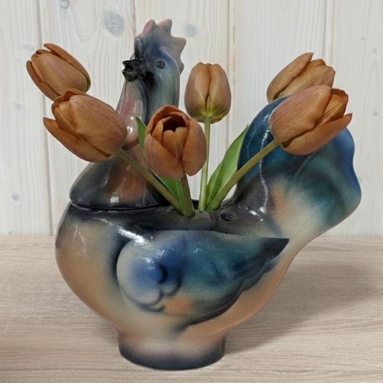 DENK ceramic rooster vase, multitone glaze decor piece, European origin, vintage