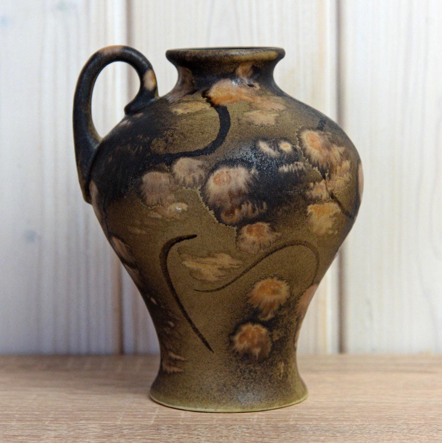 Ruscha K-31 Vase West Germany, Mid Century Ceramic Vase with Handle, Brown Beige Abstract Pottery