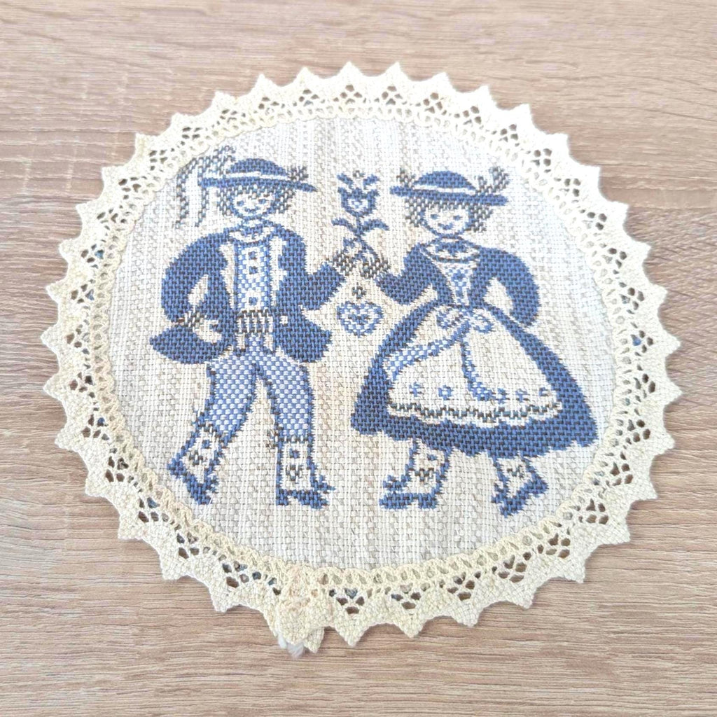 Vintage Alpine Folk Costume Doily Set, Linen Lace Coasters Tracht Couple, Austrian German Folk Art, 1960s