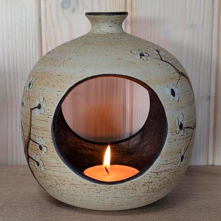 Handpainted Ceramic Tealight Holder Vase, Sgrafo Germany, Vintage 1970s