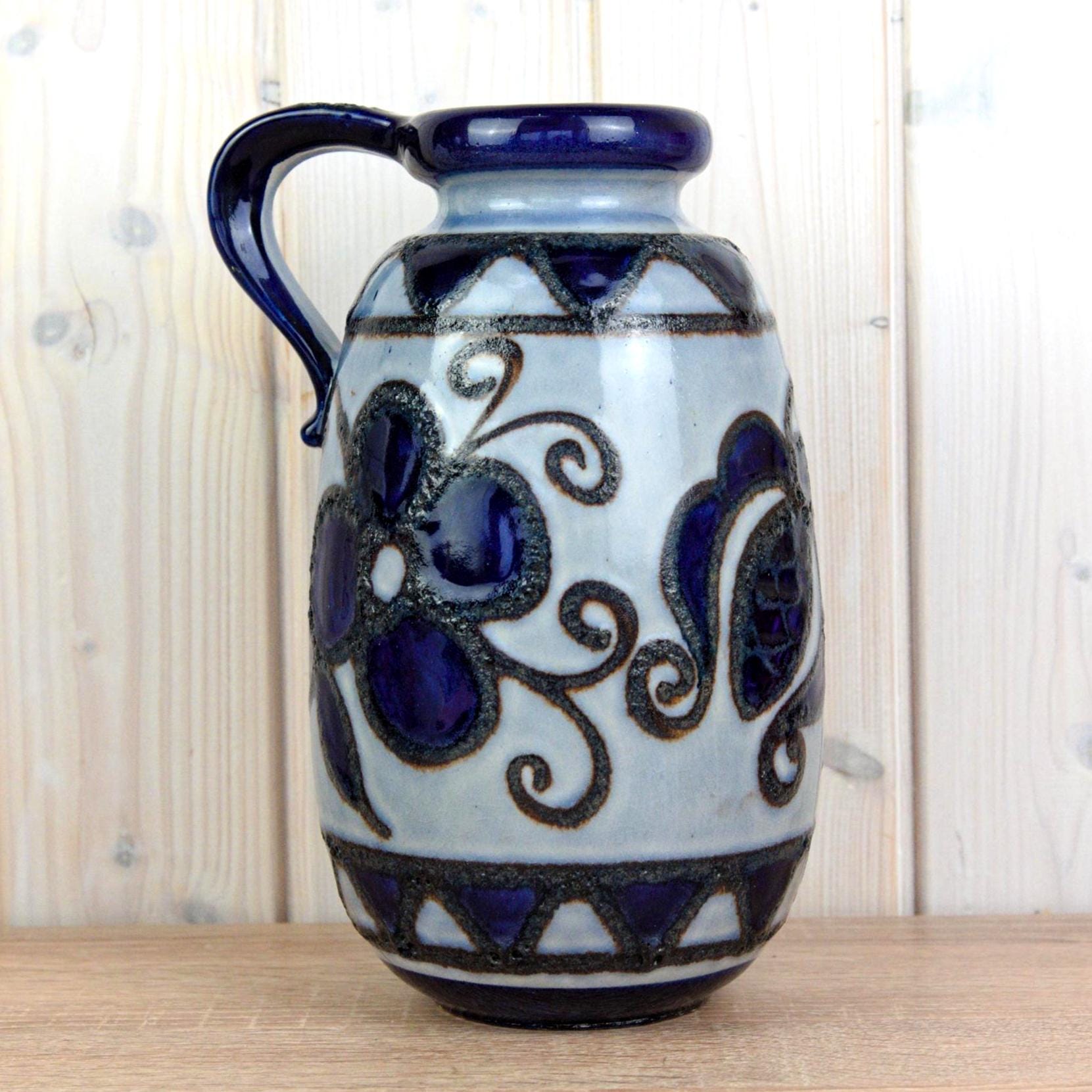 Scheurich 484 27 Vintage West German Pottery Jug, Blue Floral Vase with Handle, Mid Century Ceramic, 27 cm
