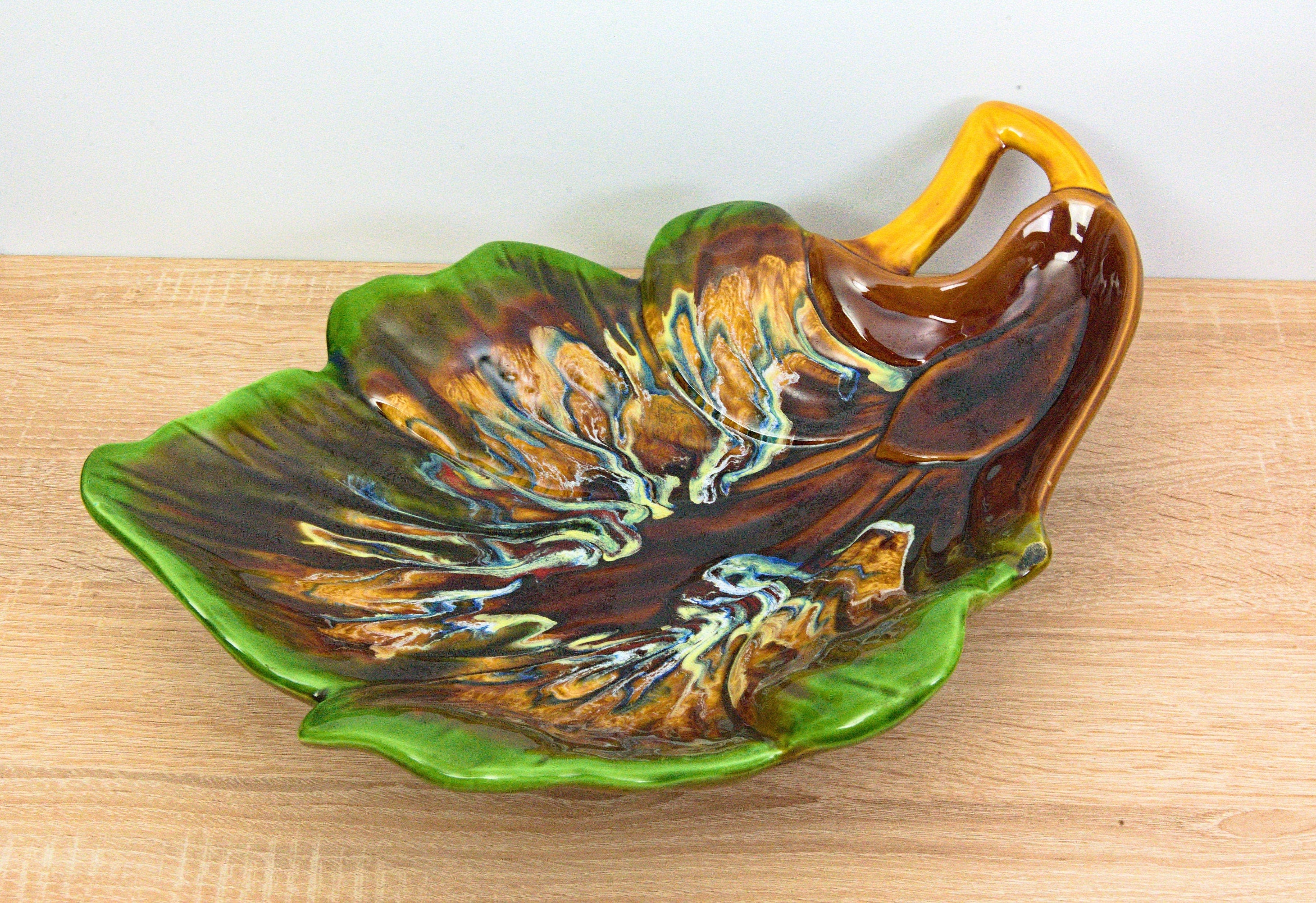XXLarge Vallauris Ceramic Dish - Multicolored Leaf - France - Vintage