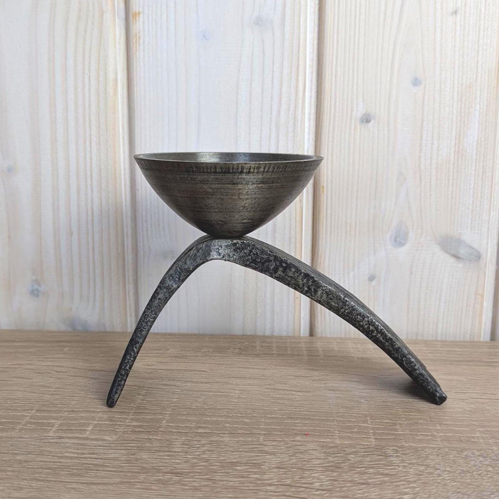 Brutalist Forged Iron Candleholder, Sculptural Two-Leg Base, Metal Cup, Mid Century Modern, 1960s